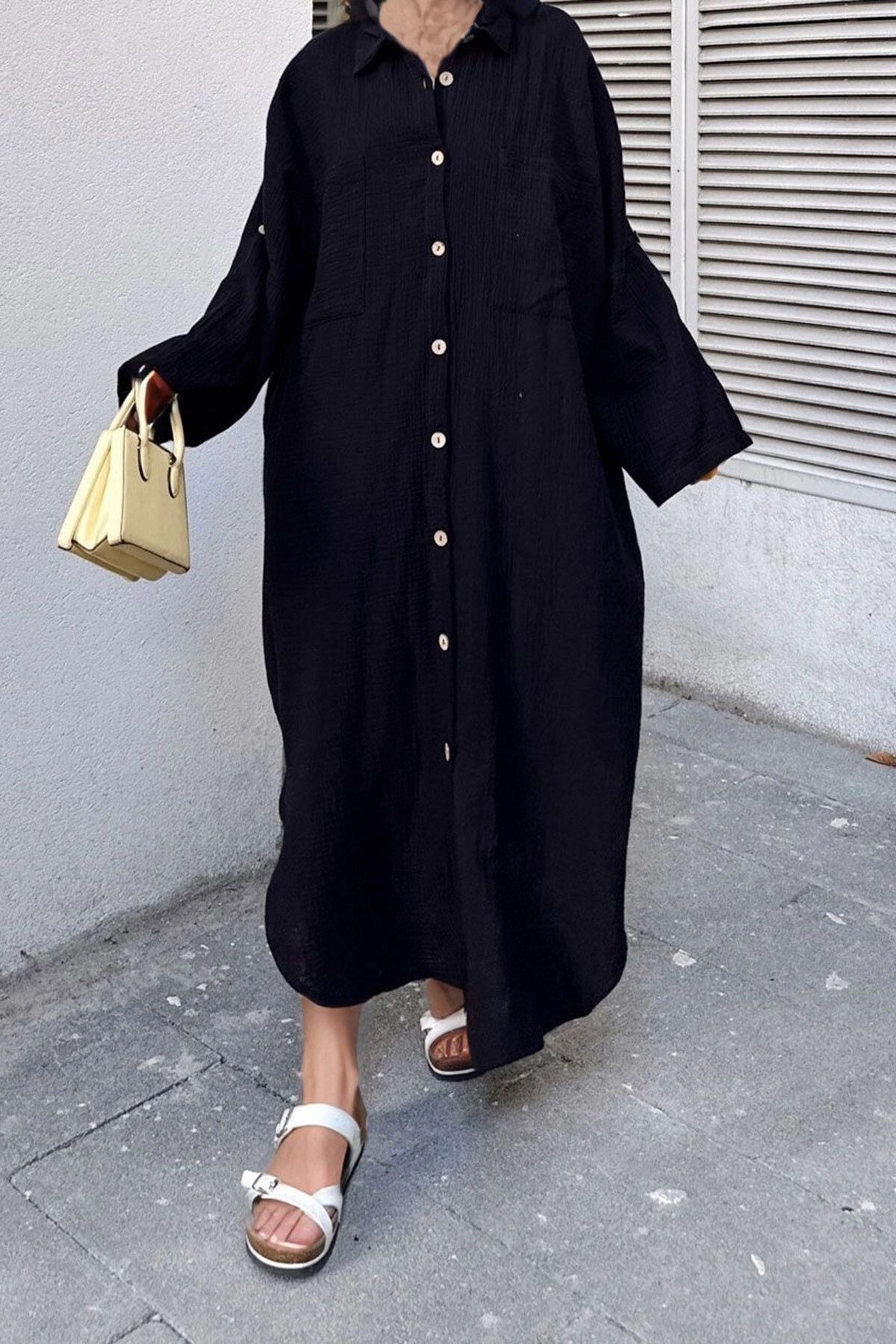 bacc Siyah Hafif Kumaş Oversize Elbise BCBSK-25700-3440