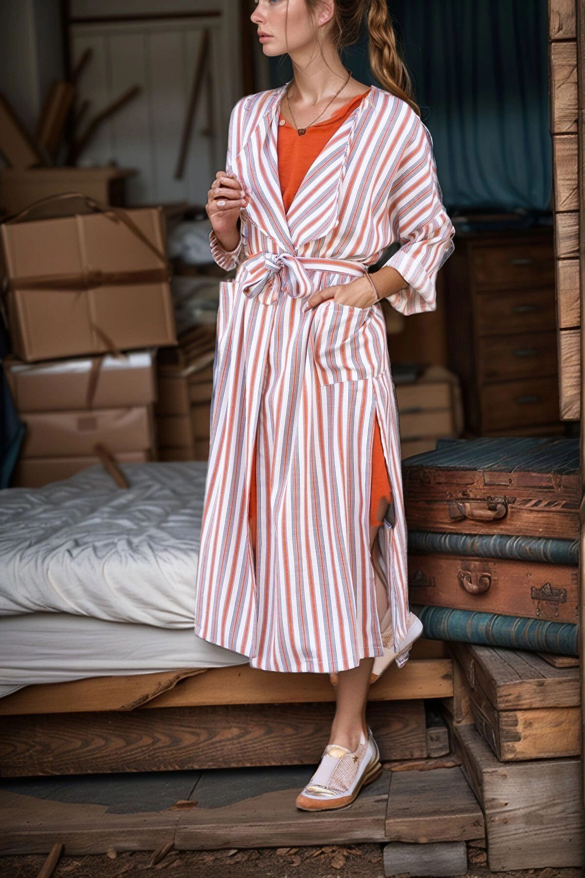 bacc Kiremit Keten Şal Yaka Cepli Kendinden Kuşaklı Çizgili Kimono Elbise BCBSK-25700-3373