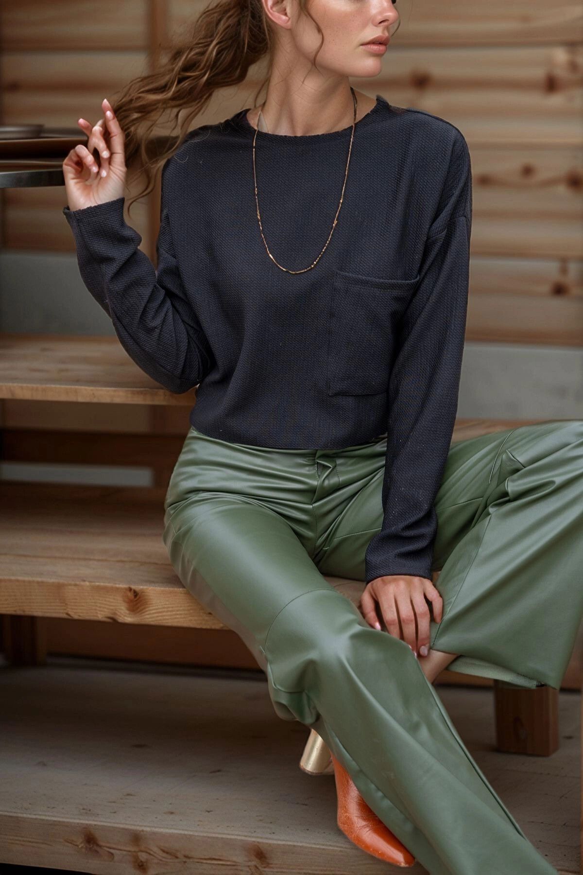 bacc Siyah Kendinden Dokulu Cepli Crop Salaş Sweatshirt BCBSK-25700-3321