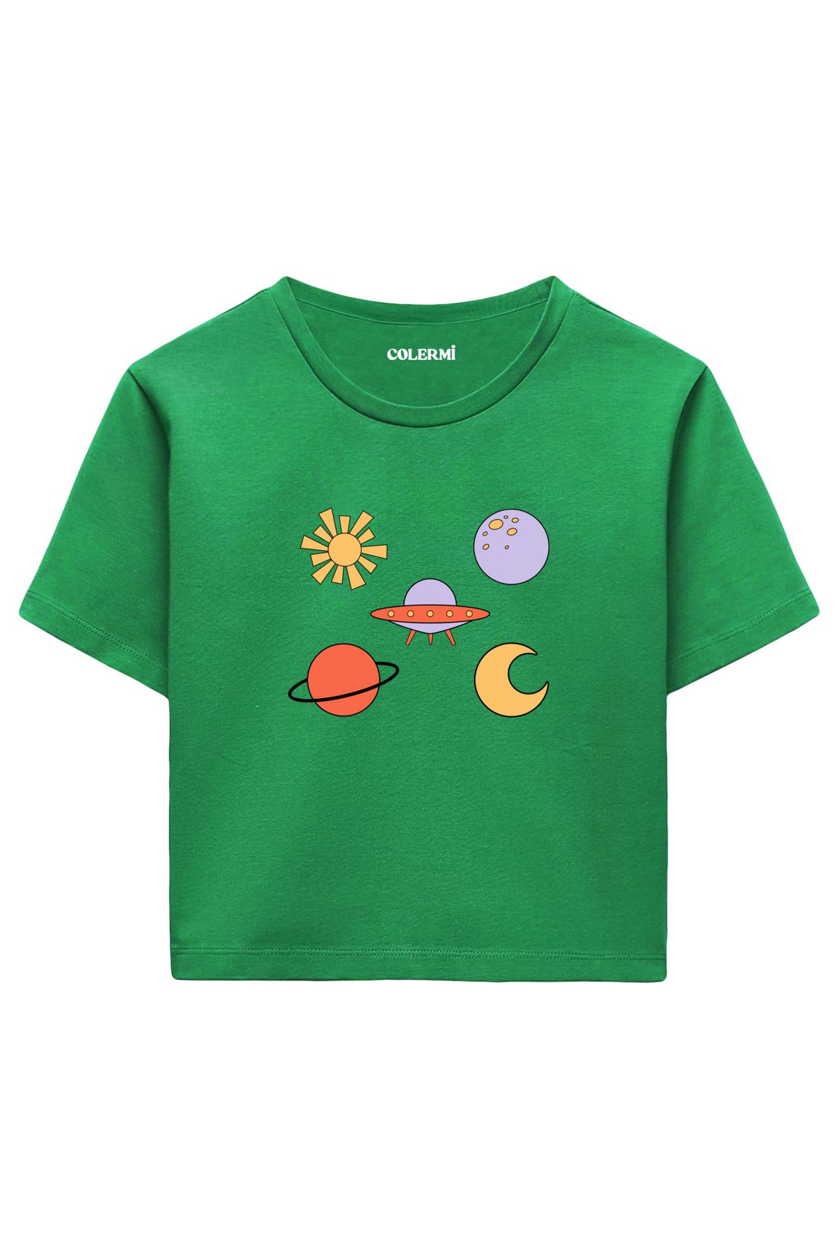 Colermi Renkli Uzay Figürlü %100 Pamuk Kadın Crop Tshirt