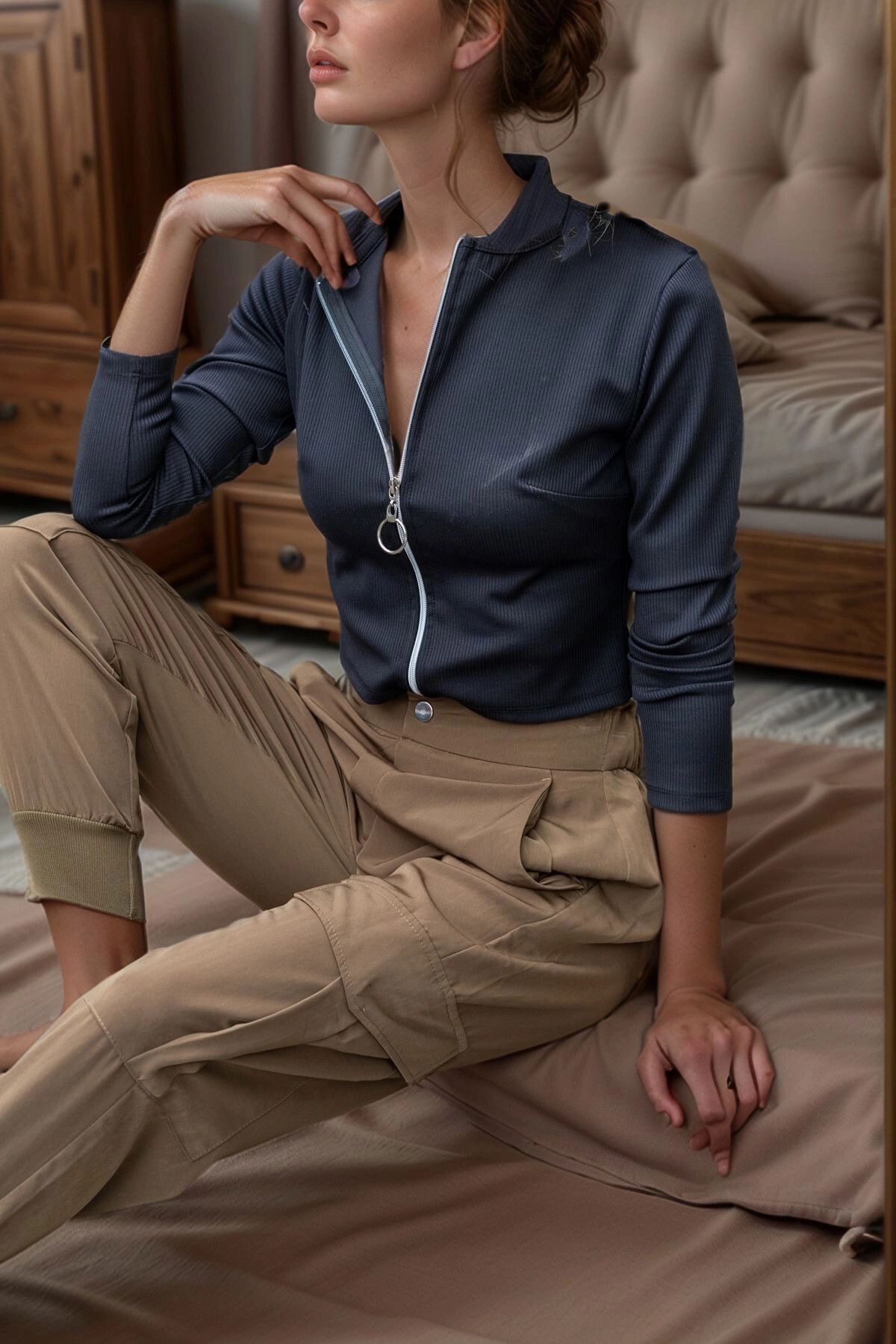 bacc Siyah Fermuarlı Kaşkorse Likralı Crop Bluz BCBSK-25700-3323