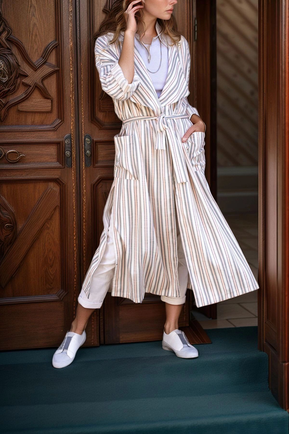 bacc Pudra Keten Şal Yaka Cepli Kendinden Kuşaklı Çizgili Kimono Elbise BCBSK-25700-3373