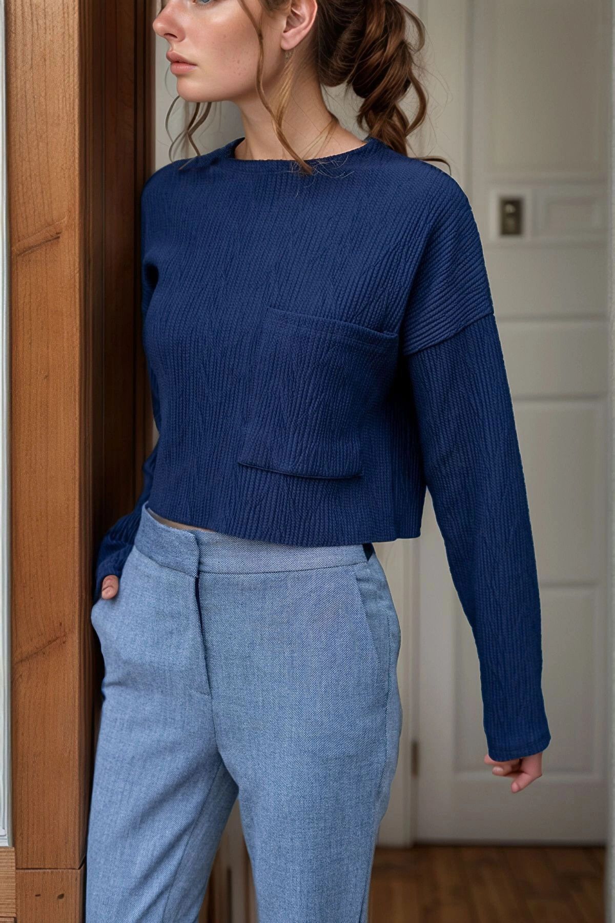 bacc Lacivert Kendinden Dokulu Cepli Crop Salaş Sweatshirt BCBSK-25700-3321