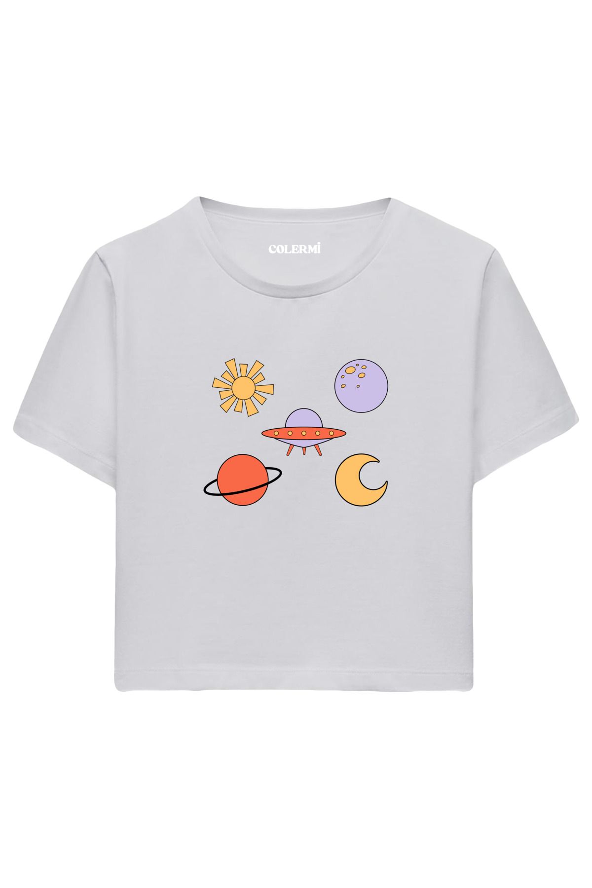 Colermi Renkli Uzay Figürlü %100 Pamuk Kadın Crop Tshirt