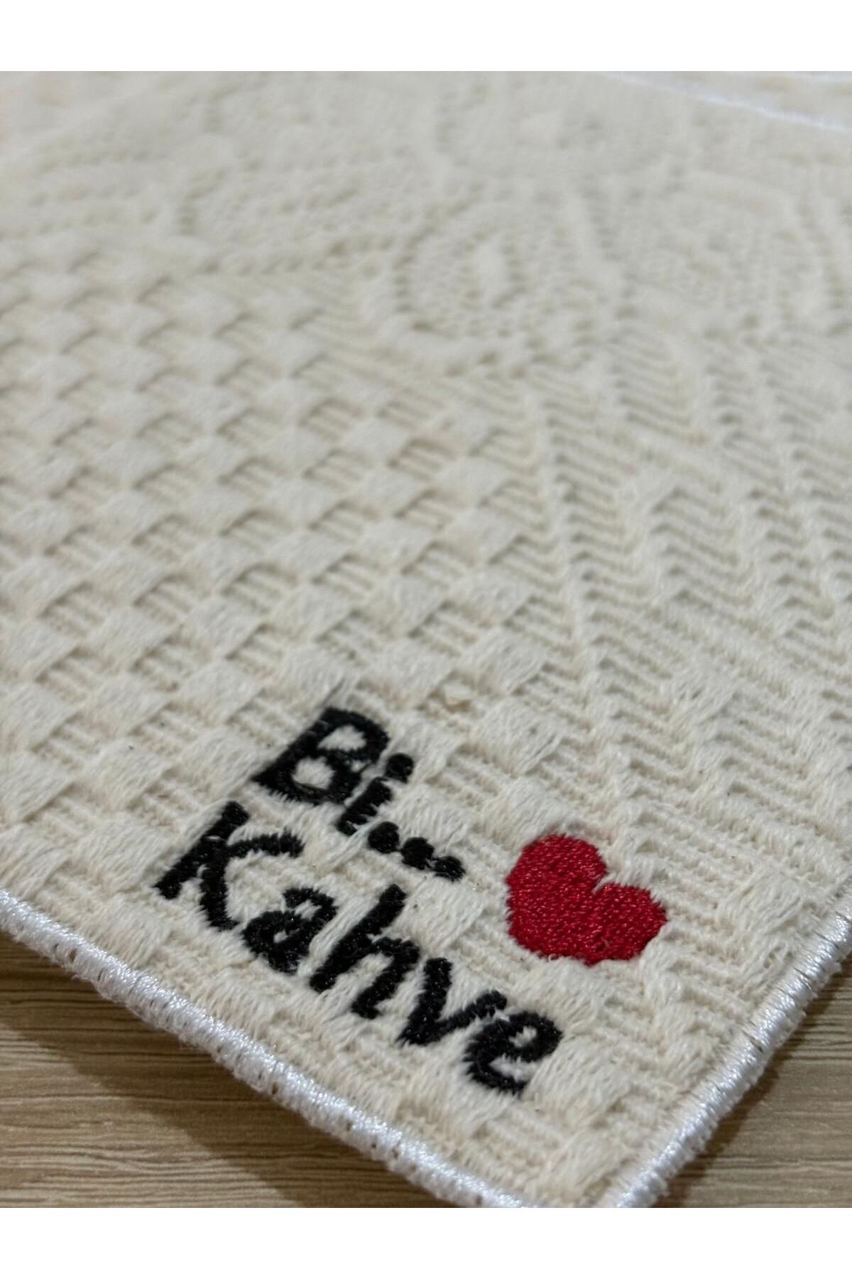 Mavi Masal Bi Kahve Nakışlı Sunum Peçetesi Keten Kahve Sunumluk (6 Adet)