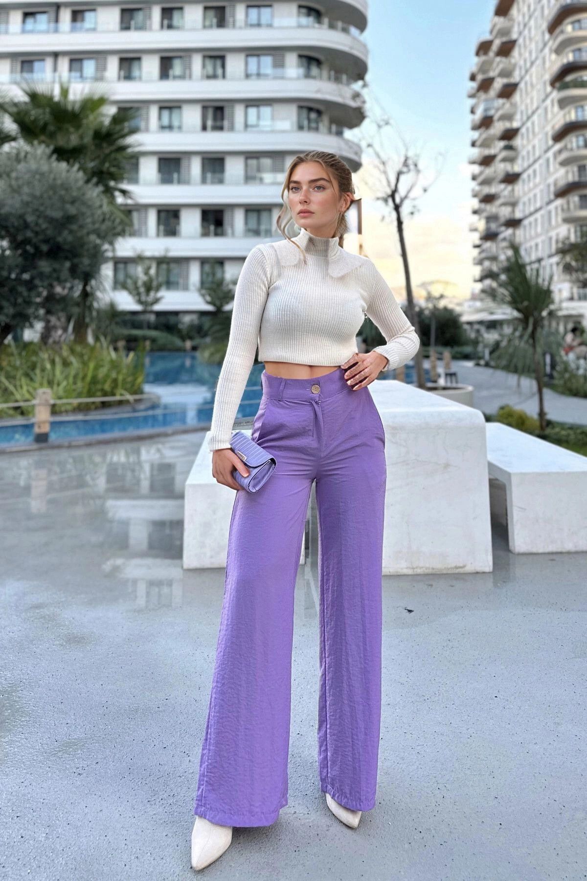 bacc Lila Yüksek Bel Dar Paça Günlük Pantolon BCBSK-25700-3427