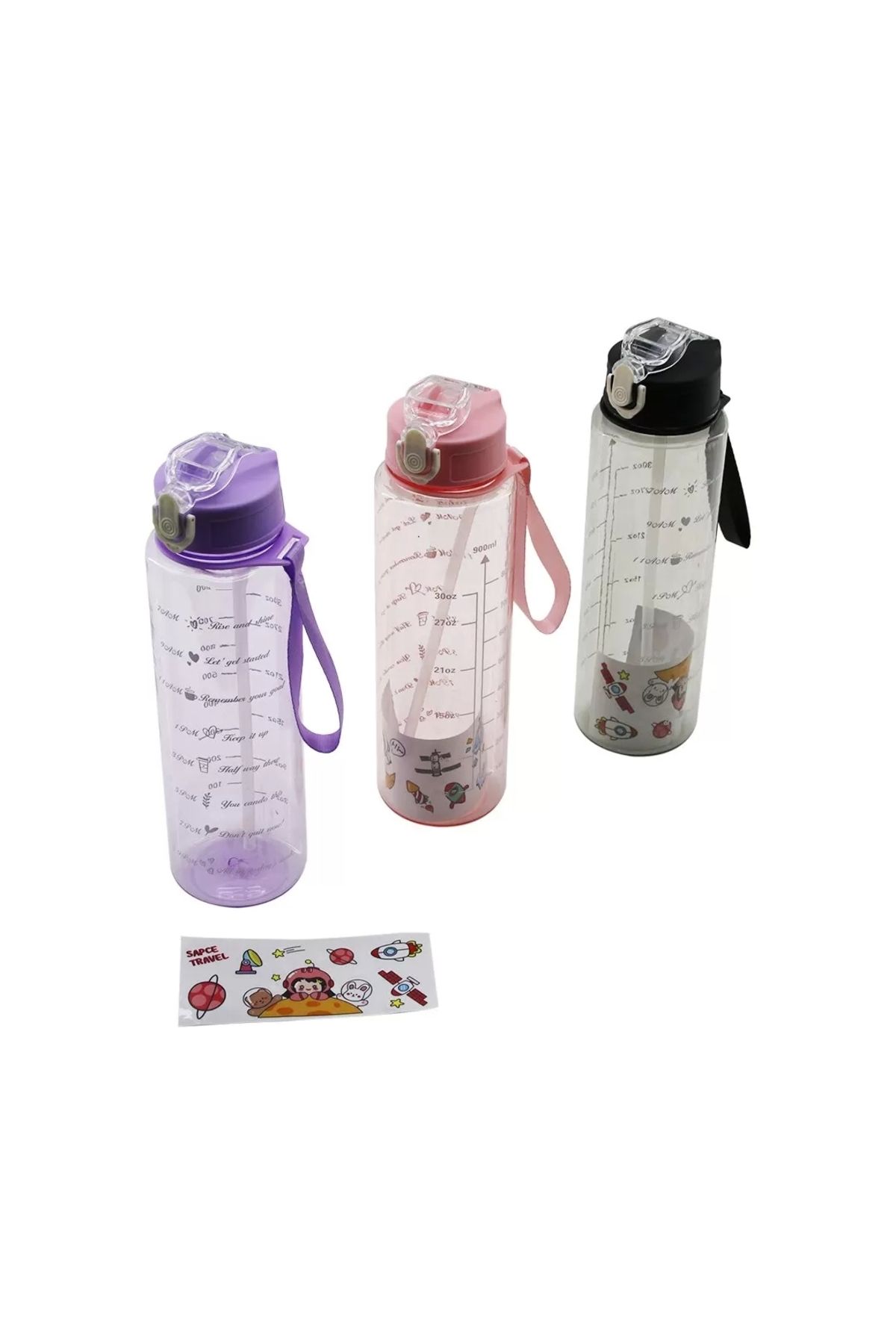HayMed Şeffaf - Renkli - Pipetli Suluk Matara Plastik 1lt Kilitli Kapaklı - Ölçekli - Taşıma İpli (4172