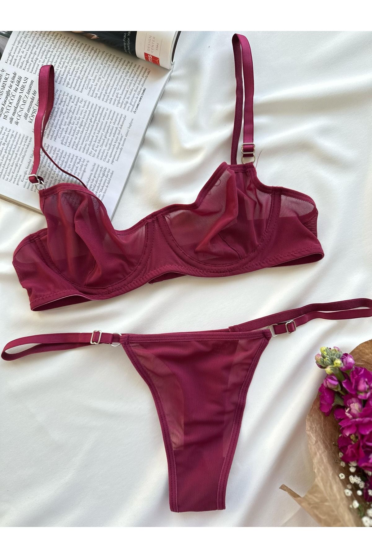 EMOŞ Vişne Tül Balenli Bralet Sütyen Çamaşır Takımı
