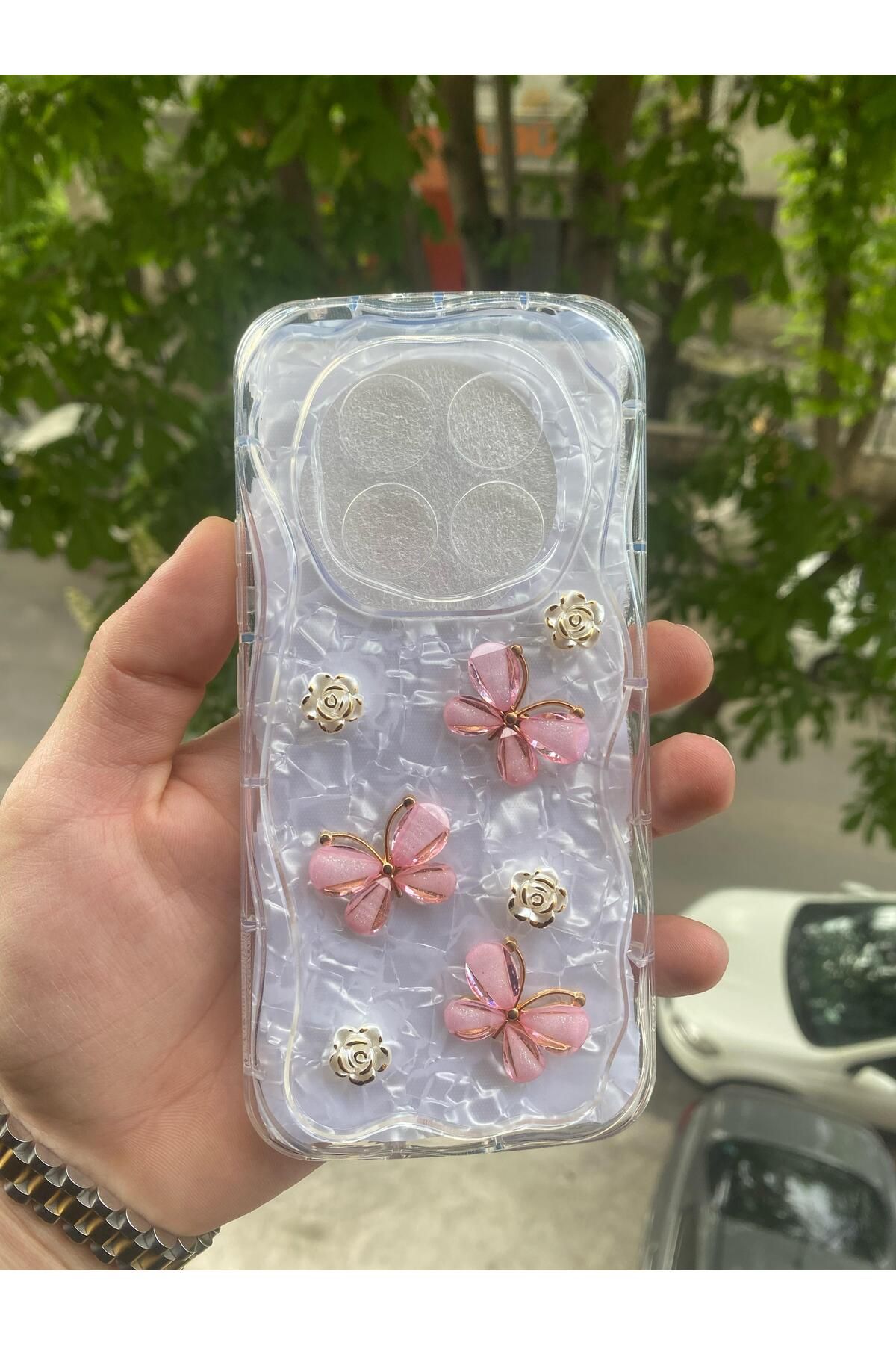 AQUA AKSESUAR Xiaomi Redmi Note 14 Pro 4G Uyumlu Kılıf 5D Kabartmalı Kelebek Çiçek Desenli Kenarları Şeffaf