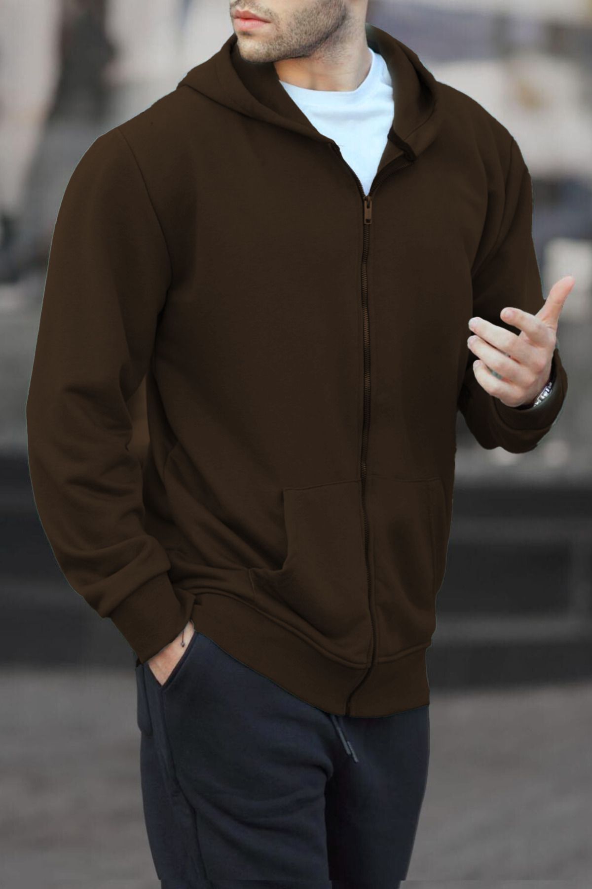 ruNadeS Erkek Relax Fit Rahat Kesim Pamuklu İçi Polarlı Çift Cepli Fermuarlı Kapüşonlu Sweatshirt Hırka