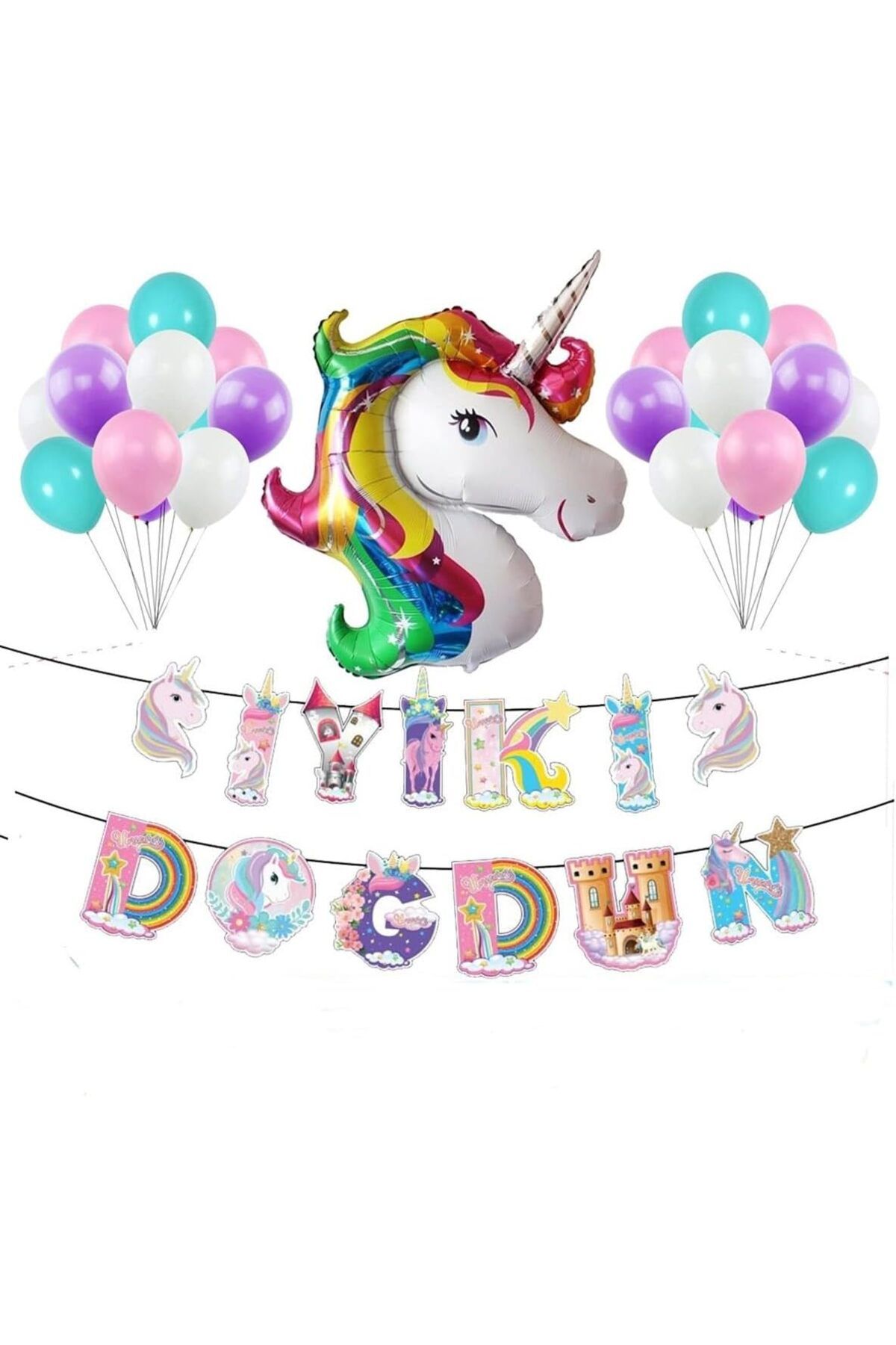 STOREMAX htpshopmx Karakter Unicorn Uzar Yazılı Doğum Günü Süsü Unicorn Balon Doğum Günü Parti Seti