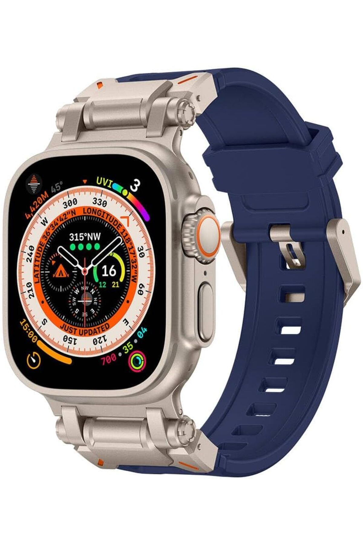 KDROĞLU KDROGLU İle Uyumlu Watch Ultra 49mm KRD-101 Titanyum Metal Başlıklı Silikon Kordon Mavi-Titanyum