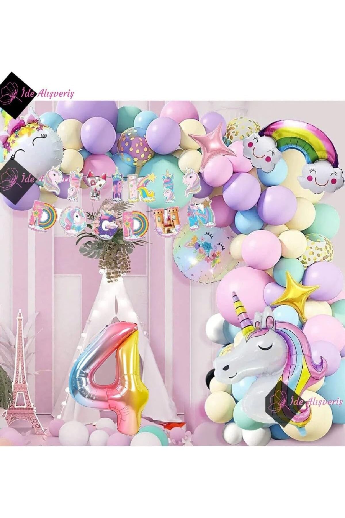 STOREMAX htpshopmx 4 Yaş Karakterli Unicorn Temalı Iyi Ki Doğdun Makaron Balon Doğum Günü Parti Kutlama