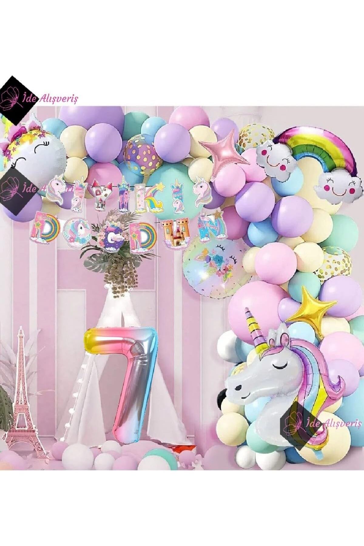 STOREMAX htpshopmx 7 Yaş Karakterli Unicorn Temalı Iyi Ki Doğdun Makaron Balon Doğum Günü Parti Kutlama