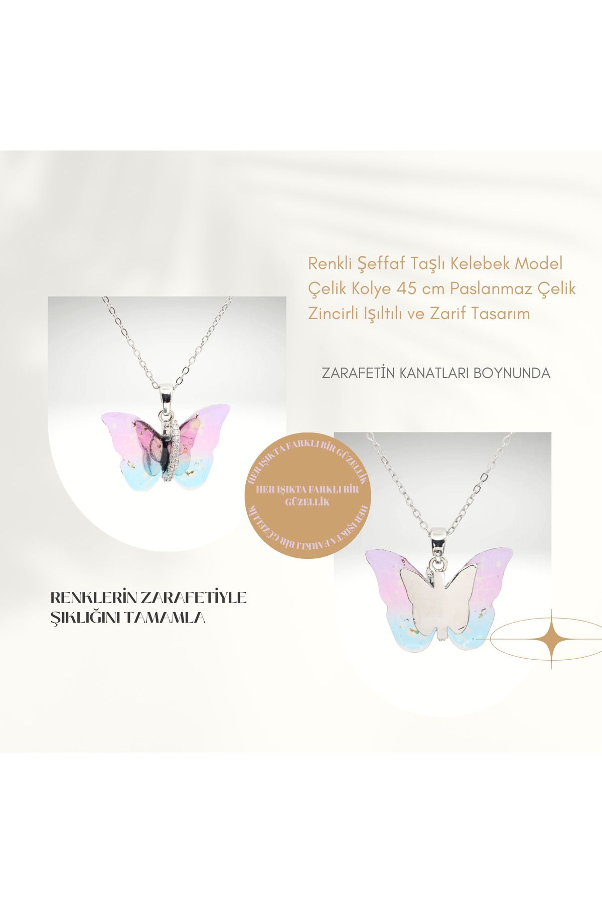 TAKI DERYASI Kadın Renkli Şeffaf Taşlı Kelebek Model Çelik Kolye 45 cm Paslanmaz Çelik Zincirli Zarif Tasarım