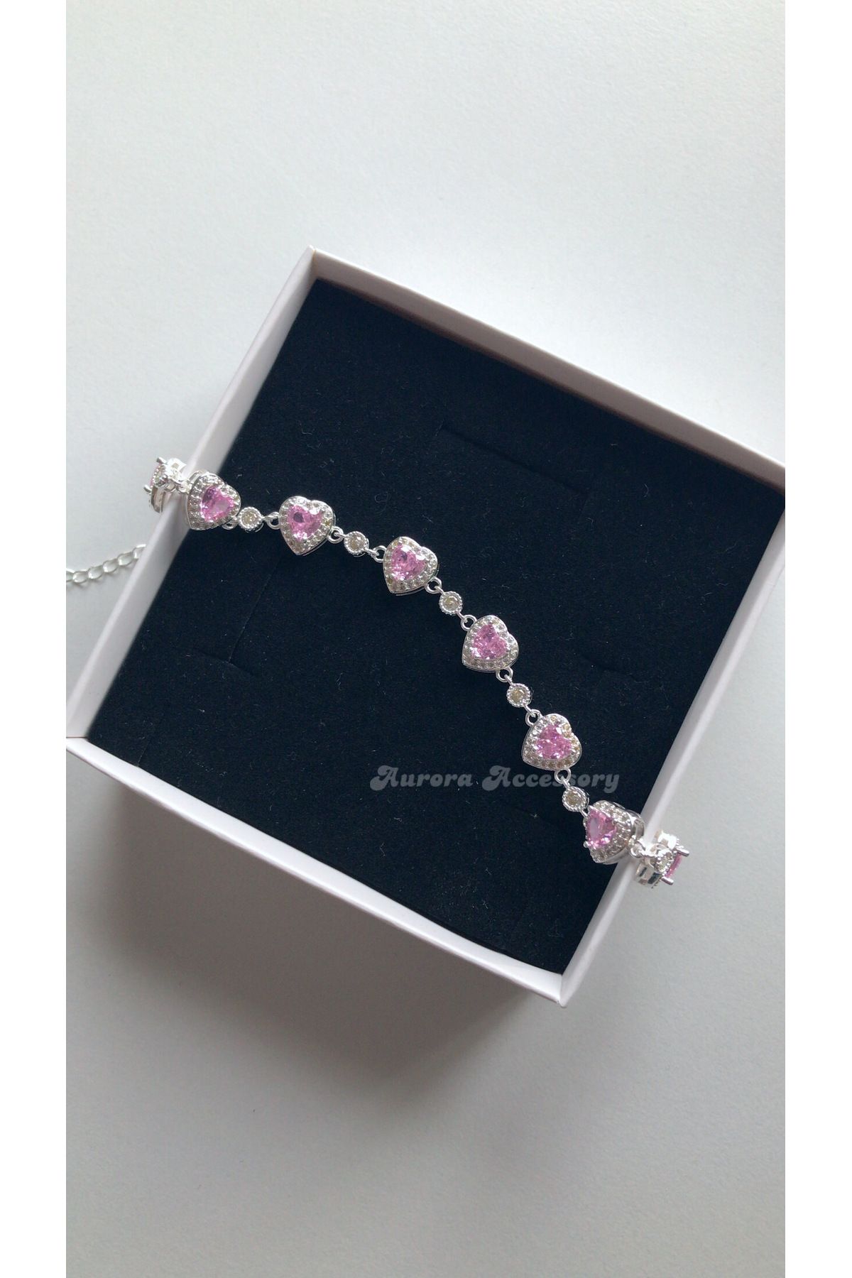 AurorAccessory Işıltılı Pembe Zirkon Taşlı Sıralı Kalp Bileklik 14+5 cm
