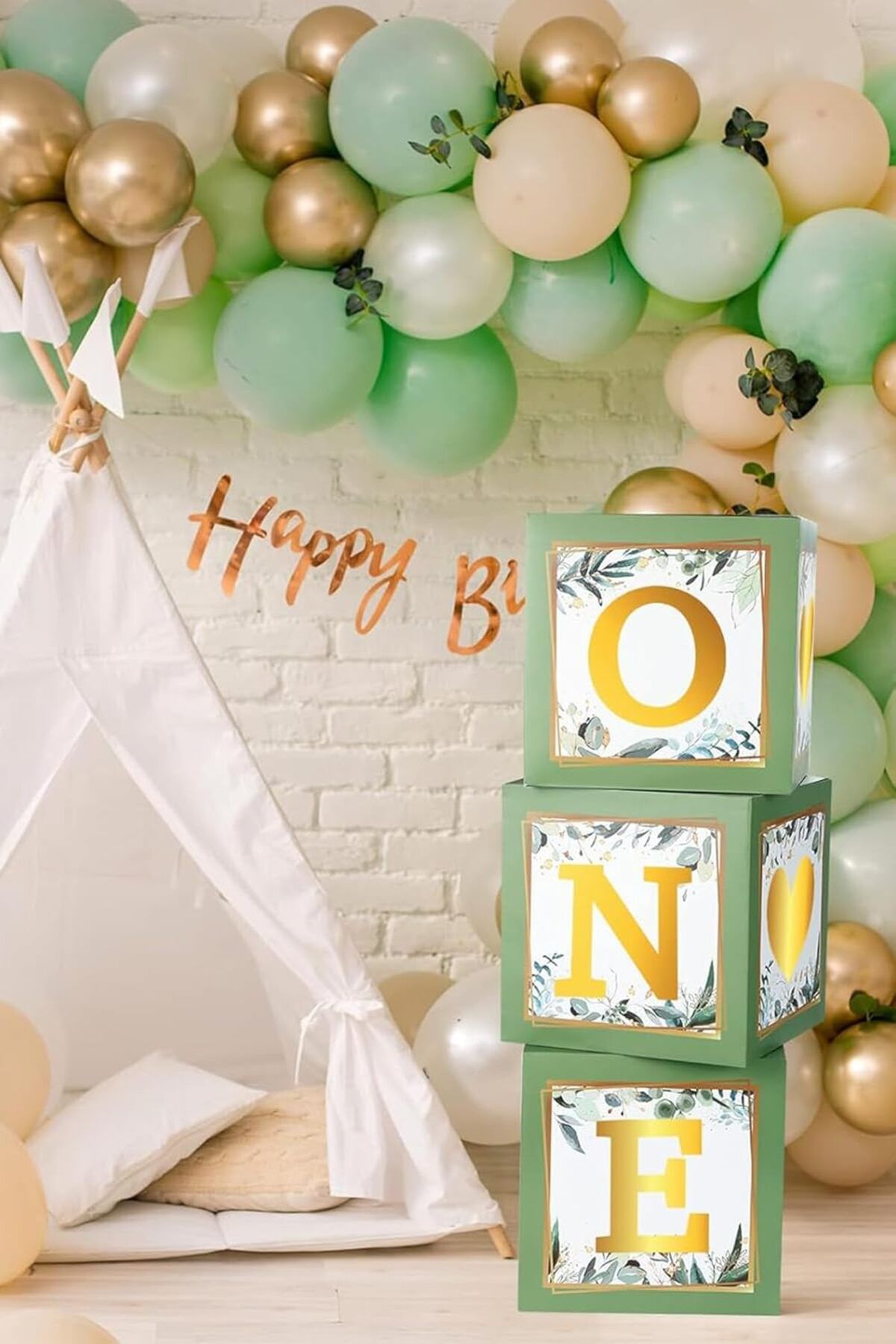 STOREMAX htpshopmx Gitti One Yazılı Kutu ve Balon Seti - 1 Yaş Doğum Günü Kutlama (Adaçayı) str http 1