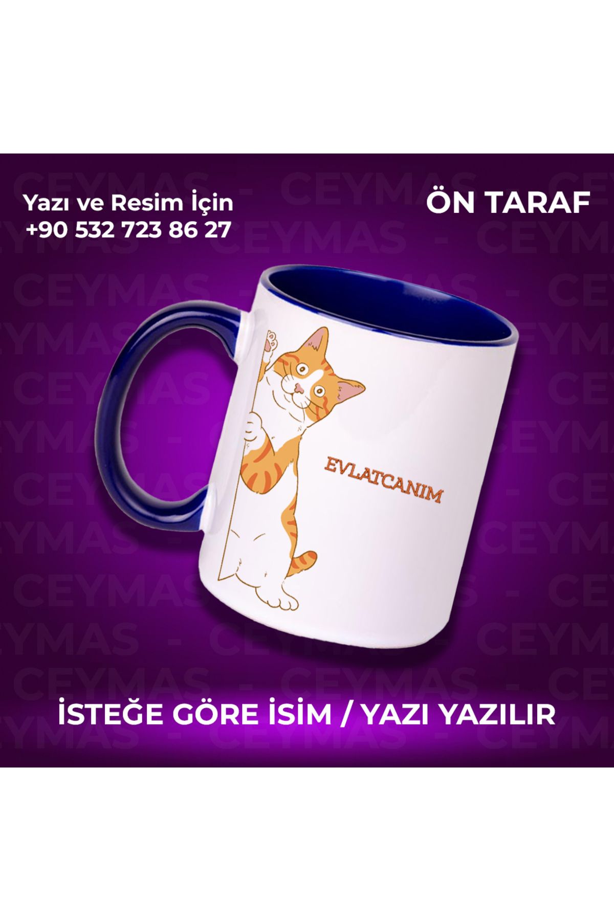 Ceymas Hediyelik Kişiye Özel Sarman Kedi Baskılı İsimli Renkli Kupa Bardak