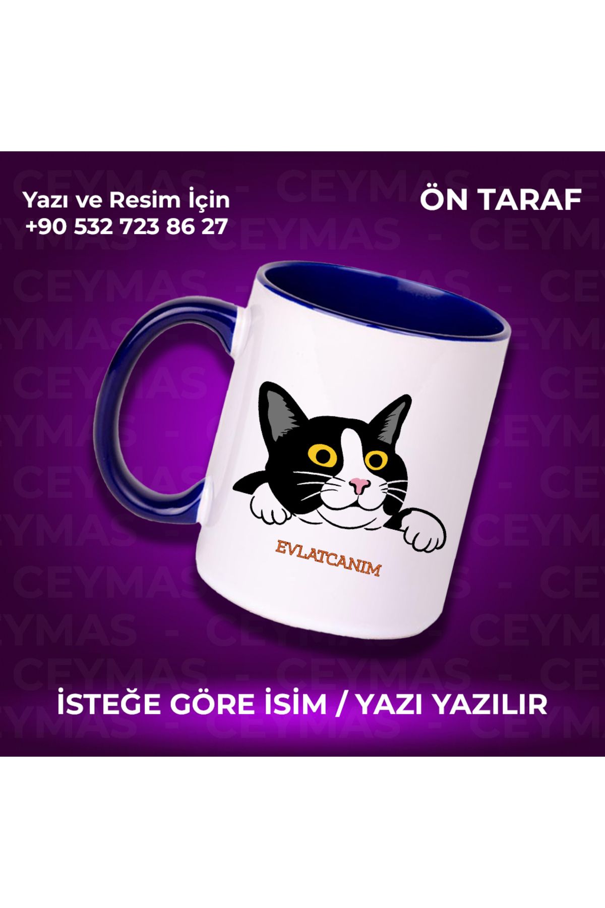 Ceymas Hediyelik Kişiye Özel İsim Baskılı Siyah Beyaz Kedili Renkli Kupa Bardak