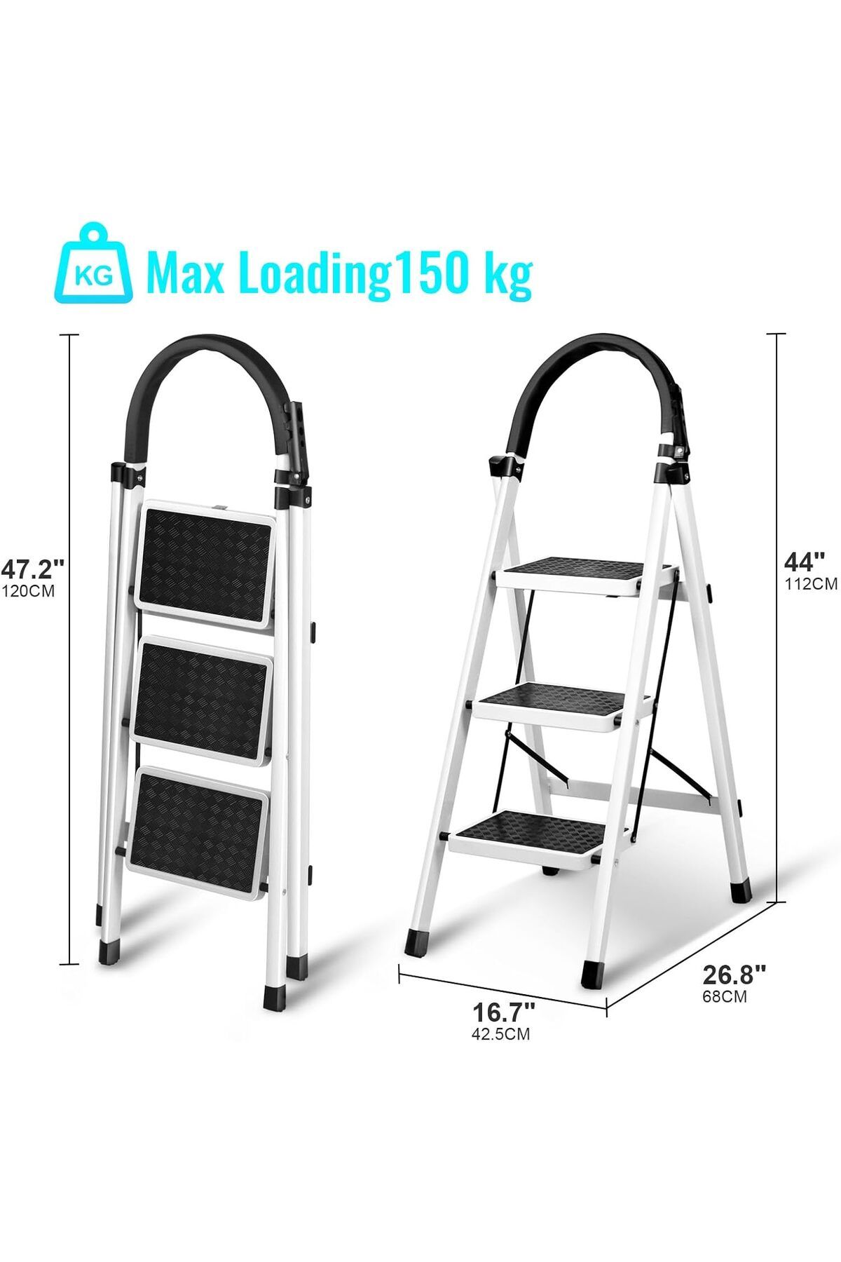 SKY TOUCH-SKY-TOUCH Foldable Ladder 3 Steps, Home Ladder Folding Step Stool with Wide Anti-Slip Pedal 5