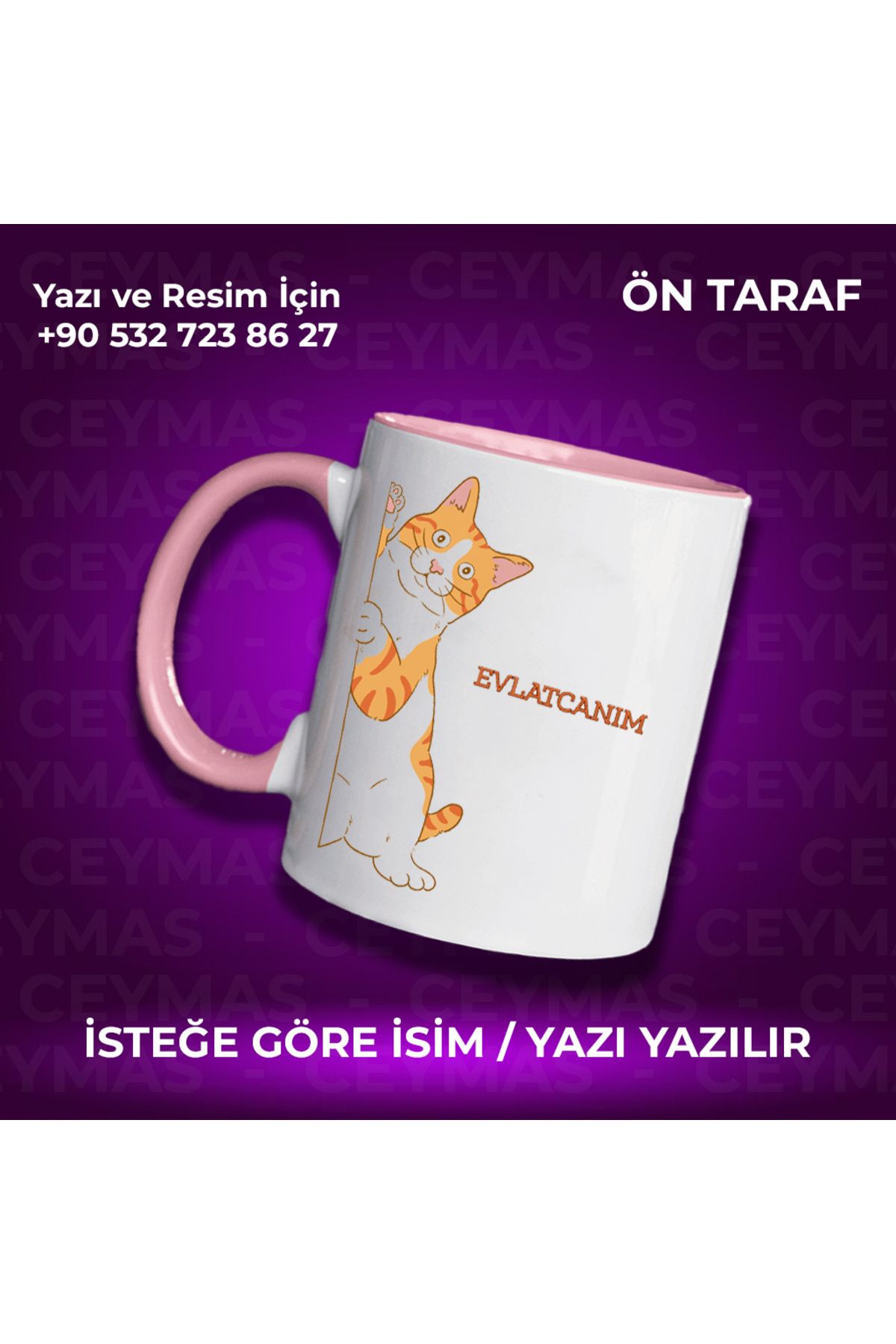 Ceymas Hediyelik Kişiye Özel Sarman Kedi Baskılı İsimli Renkli Kupa Bardak