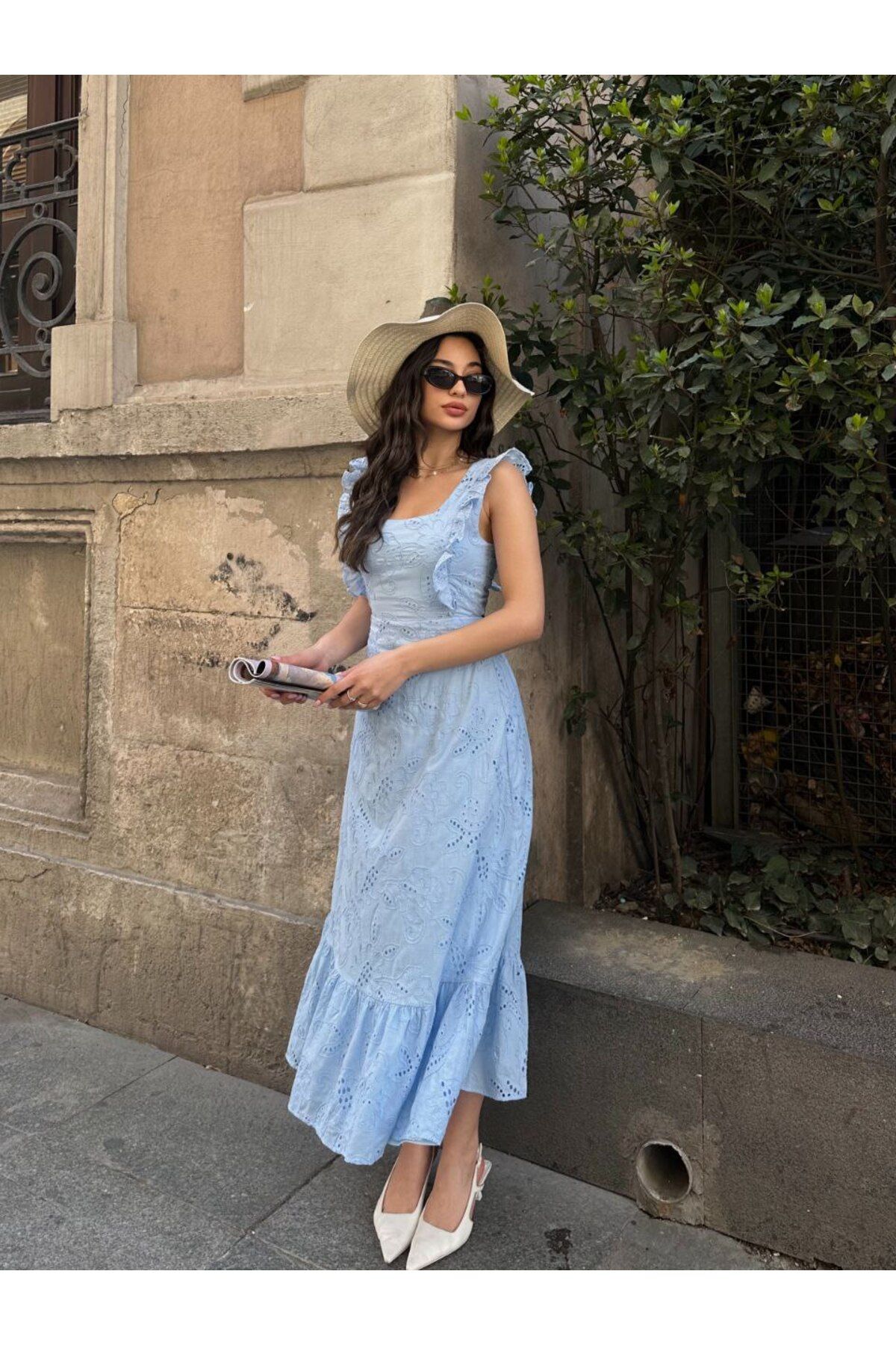 Castivo Fashion Fırfır Askılı Brode Bağlamalı Midi Elbise