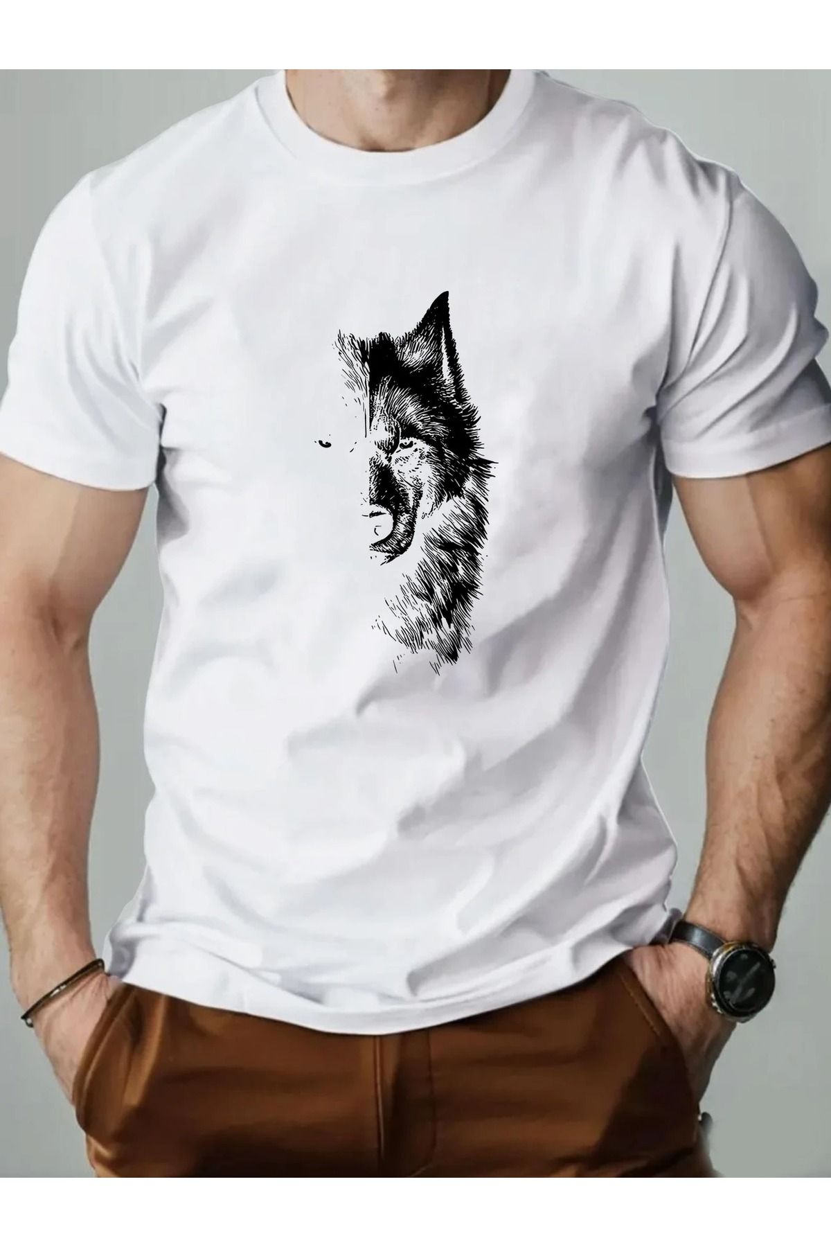 Massgai Unisex Wolf KurtBaskılı Oversize %100 Pamuk T-shirt