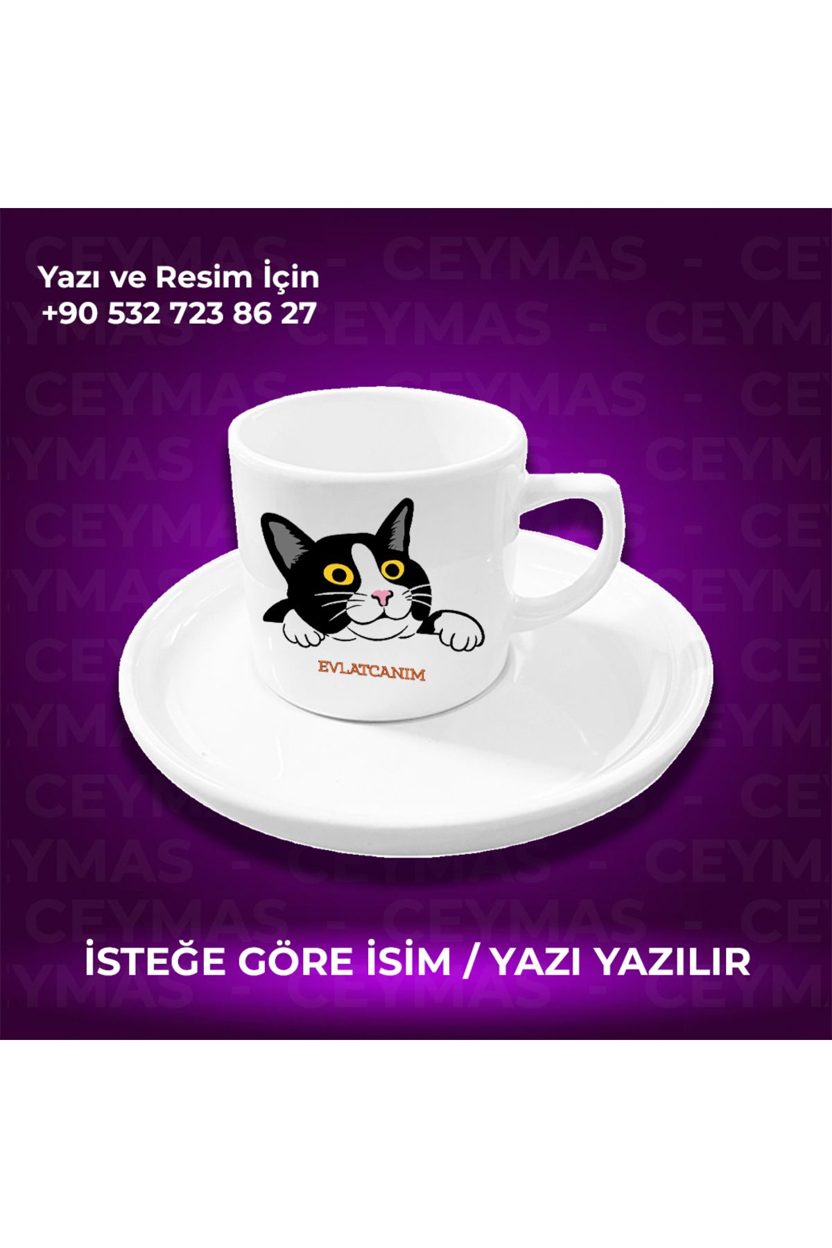 Ceymas Hediyelik Kişiye Özel İsim Baskılı Siyah Beyaz Kedili Renkli Kupa Bardak