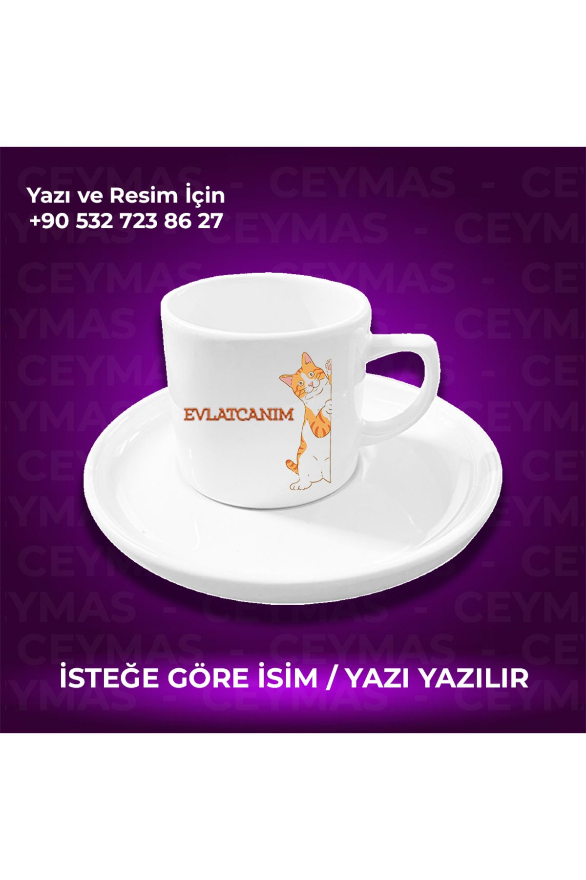 Ceymas Hediyelik Kişiye Özel Sarman Kedi Baskılı İsimli Renkli Kupa Bardak