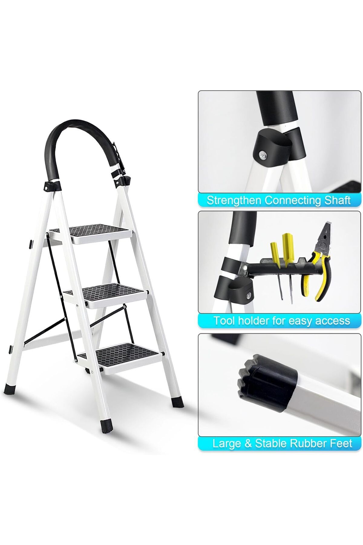 SKY TOUCH-SKY-TOUCH Foldable Ladder 3 Steps, Home Ladder Folding Step Stool with Wide Anti-Slip Pedal 3