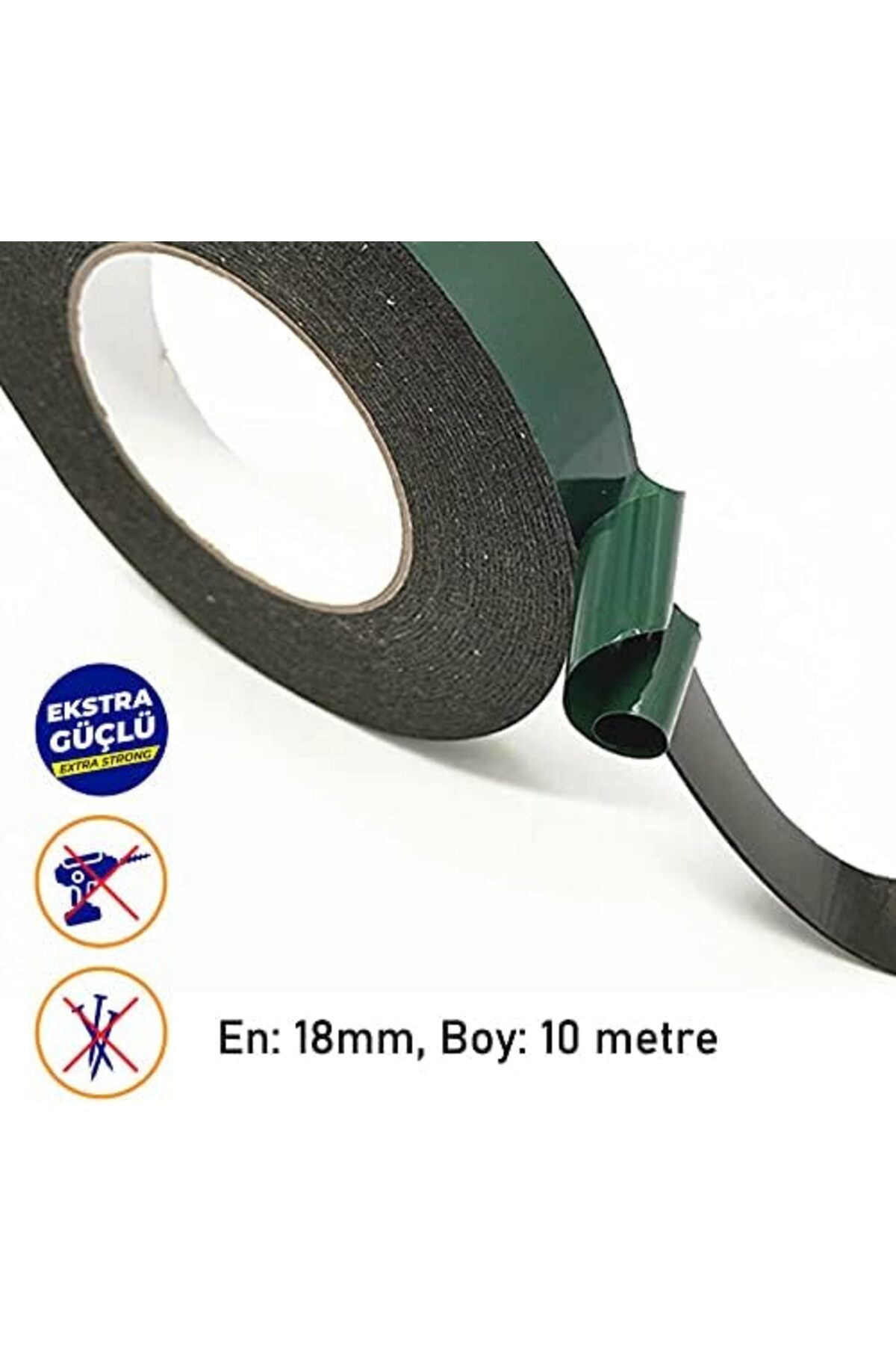 MEGOBİNE WHERE Taraflı Köpük Bant Eva Montaj Bandı 18 mm x 10 Metre, Yeşil/Siyah ZTML SYFT 1139610