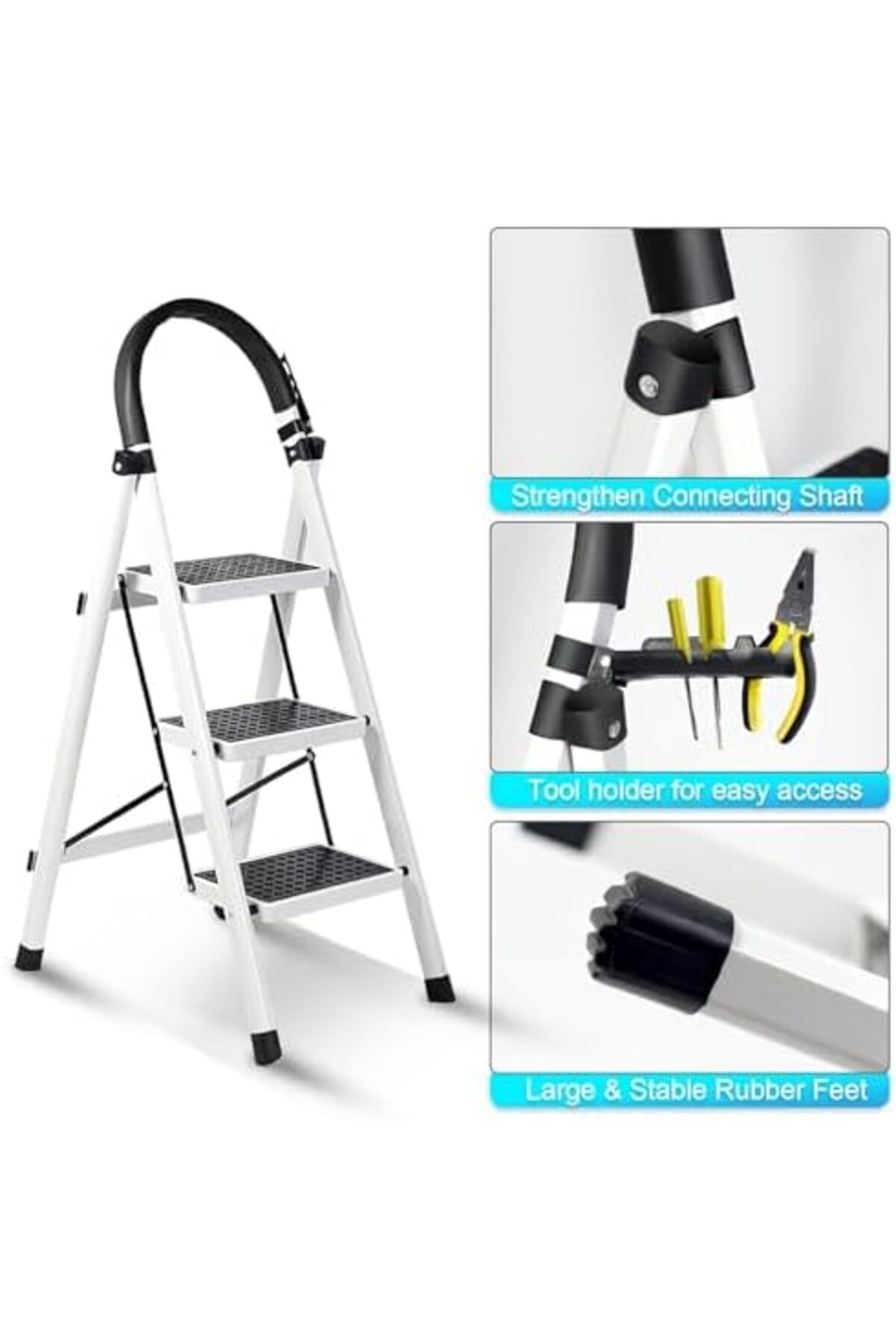 SKY TOUCH-SKY-TOUCH Foldable Ladder 3 Steps, Home Ladder Folding Step Stool with Wide Anti-Slip Pedal 4