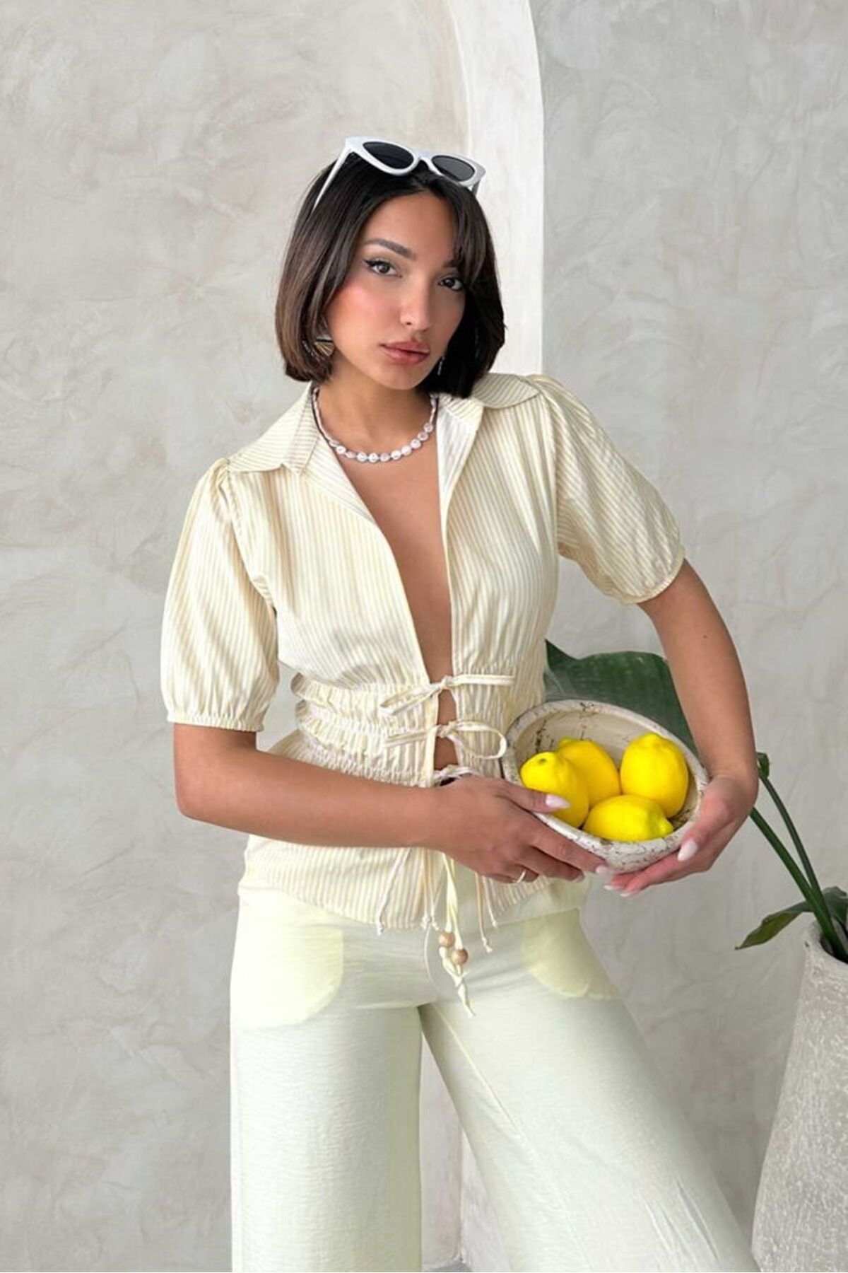 Castivo Fashion Çizgili Önden Bağlamalı Fit Kesim Kadın Gömlek