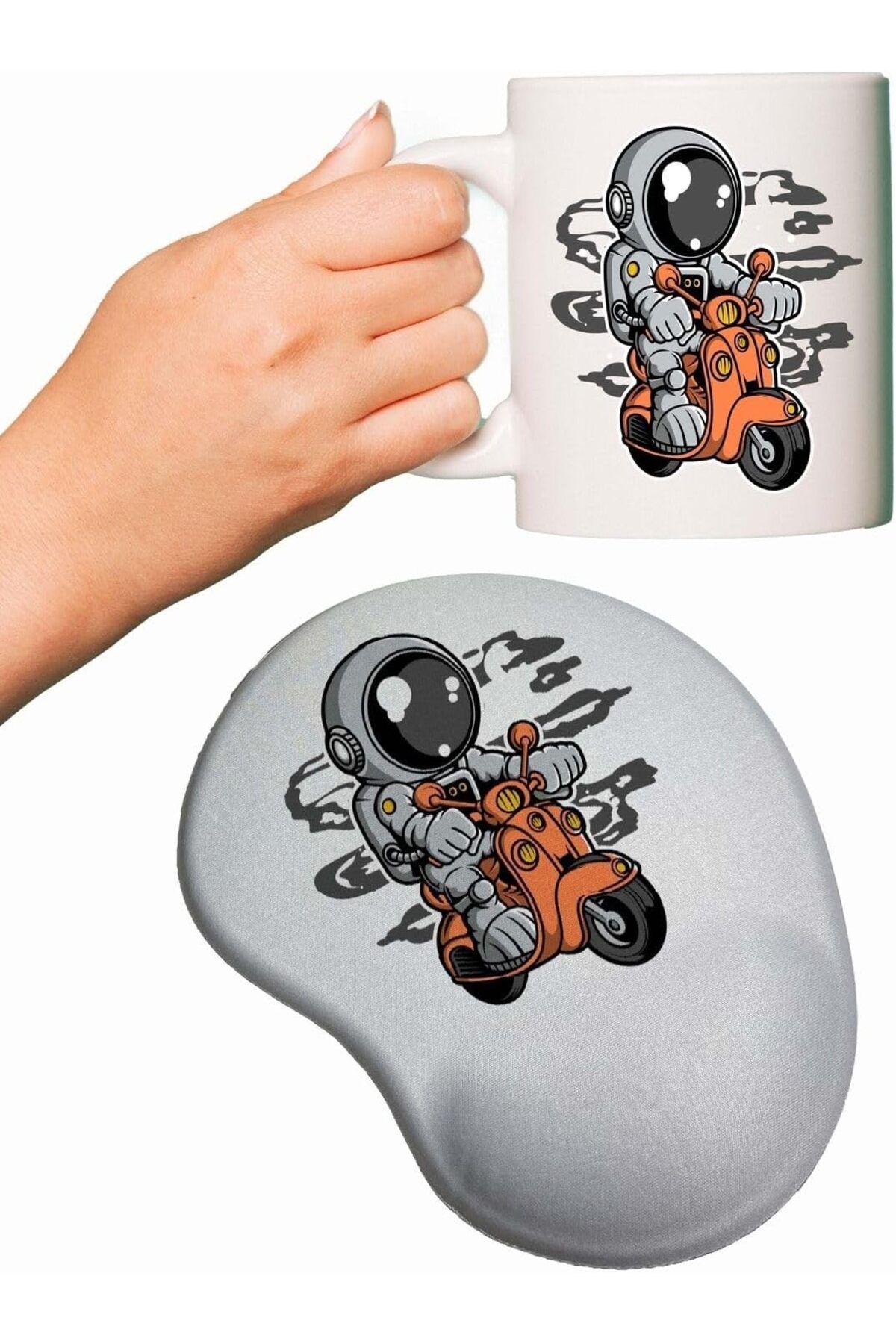 KDROĞLU KDROGLU shop Motorlu Astronot Baskılı Bilek Destekli Mouse Pad + Kupa Bardak Mug New Desing 110983