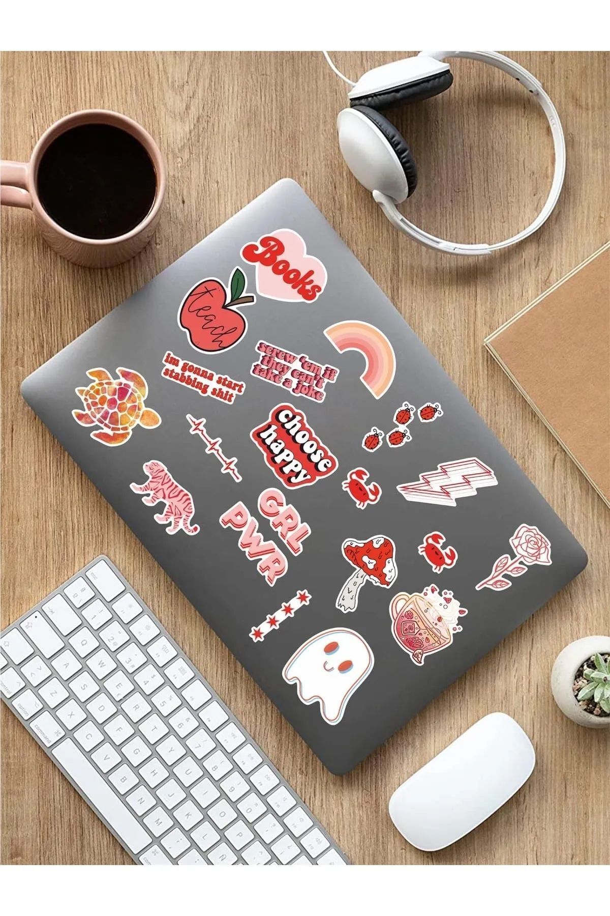 KT Decor VSCO Red Temalı Telefon, Tablet, Laptop, Notebook, Defter, Ajanda PVC Sticker Seti-3