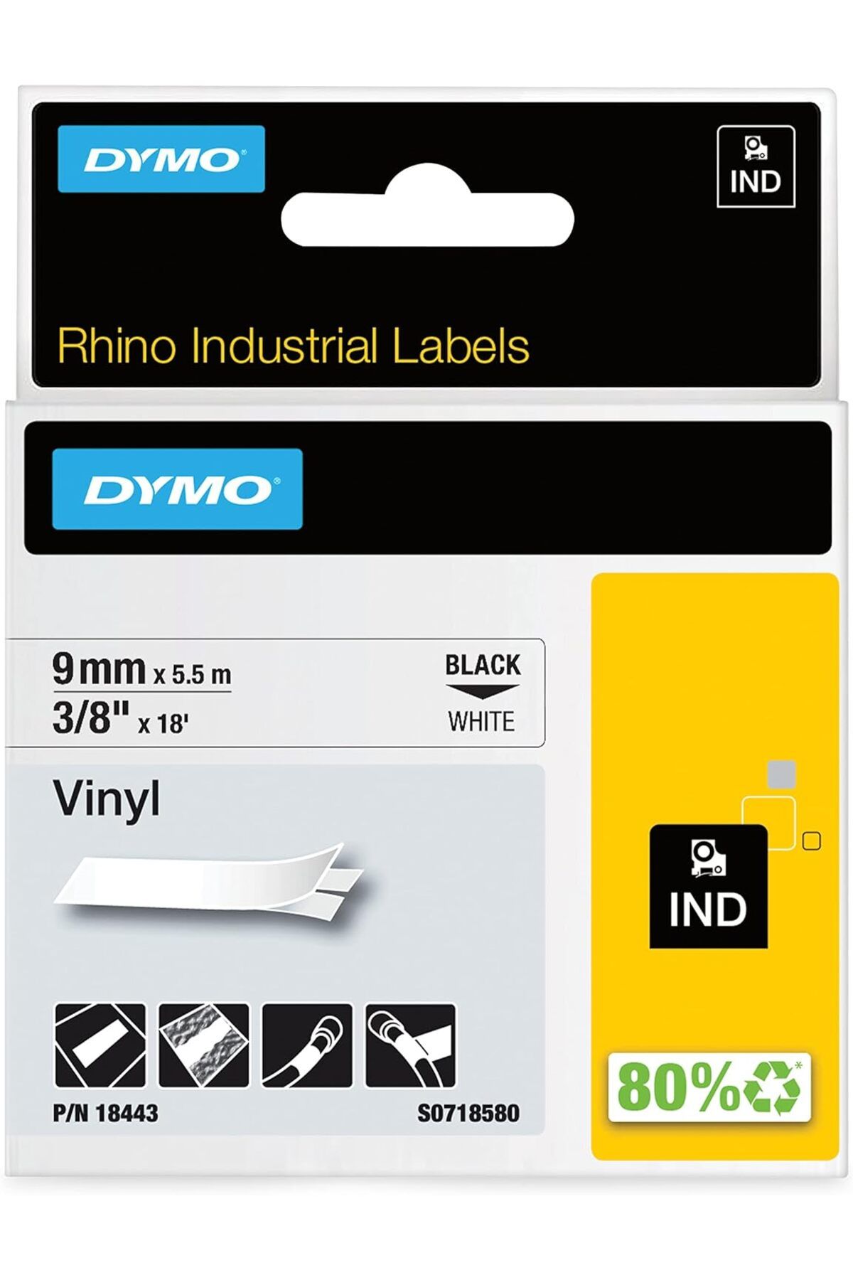 DERİK Derik RhinoPRO, Renkli Vinil Şerit (9 mm x 5.5 mt), Beyaz/Siyah - 18443 YENİ 1122015