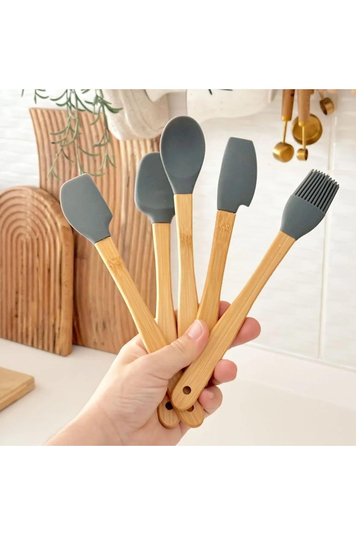 STOREMAX lbstorex Bambu Saplı 5'li Silikon Mutfak Seti – Isıya Dayanıklı Spatula, Kaşık ve Kepçe Tak