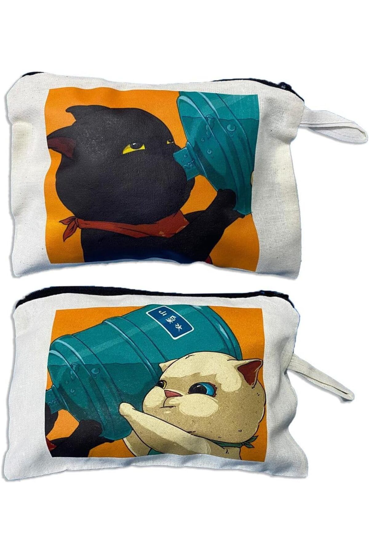 KDROĞLU KDROGLU shop Ayrılmaz İkili Kediler Baskılı Ham Bez 2li Kalemlik Makyaj El Çantası New Desing