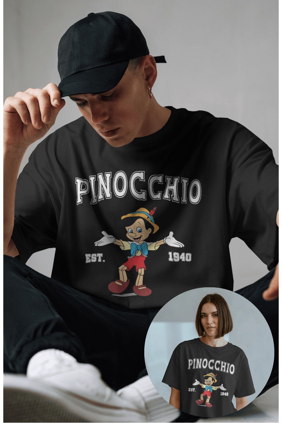 Fuddy Moda Unisex Pinokyo Baskılı Tişört, Oversize Çizgi Film Temalı T-Shirt