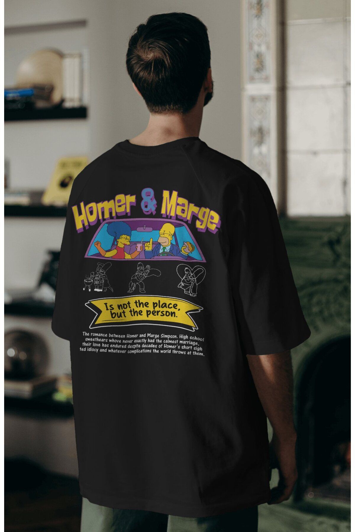 Fuddy Moda Homer Marge Simpson Sırt Baskılı Couple Tişört, Oversize Çizgi Film Temalı Çift T-Shirt