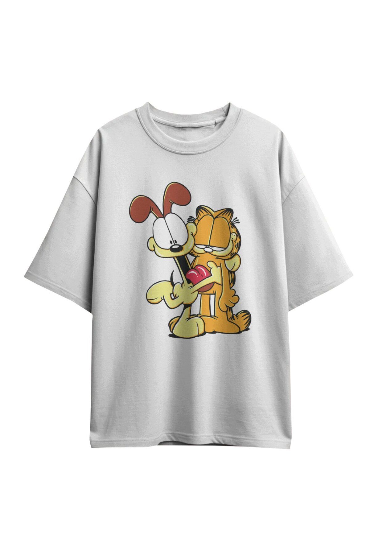 Fuddy Moda Unisex Garfield ve Odie Baskılı Tişört, Oversize Çizgi Film Temalı T-Shirt