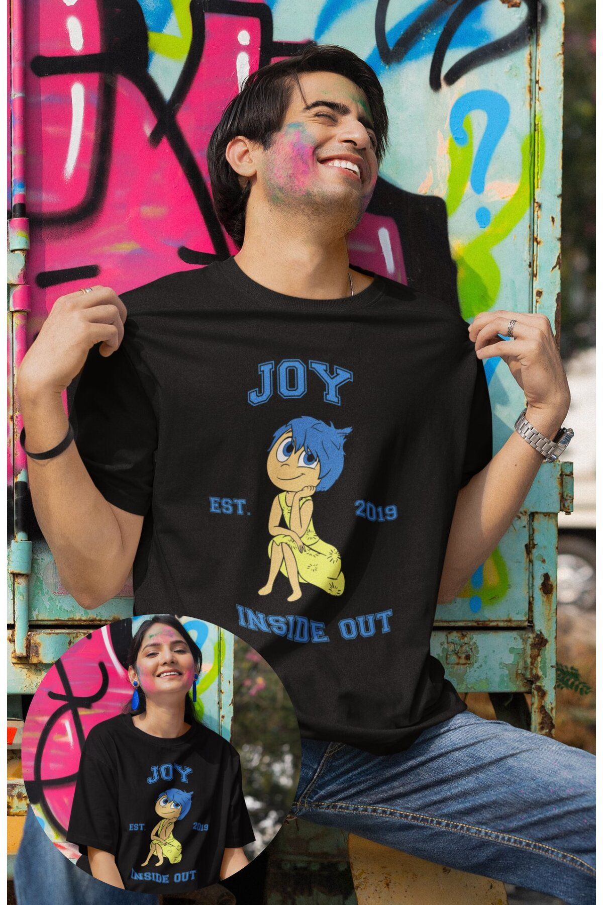 Fuddy Moda Unisex Insi.de Out Joy Baskılı T-shirt, Oversize Ters Yüz Animasyon Film Temalı Tişört