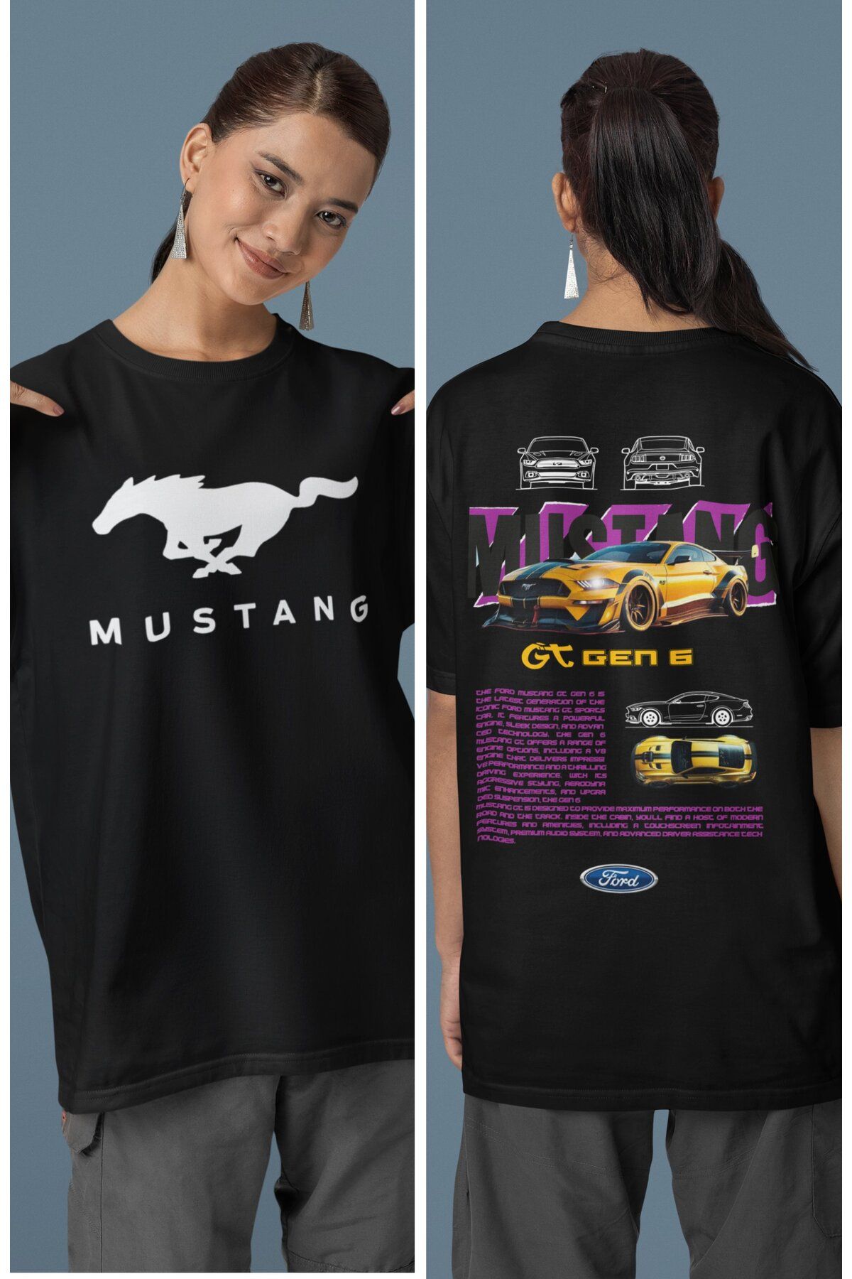 Fuddy Moda Unisex Mor Ford Mustng Gen5 Sırt Baskılı Çift T-shirt, Oversize Yarış Araba Temalı Tişört