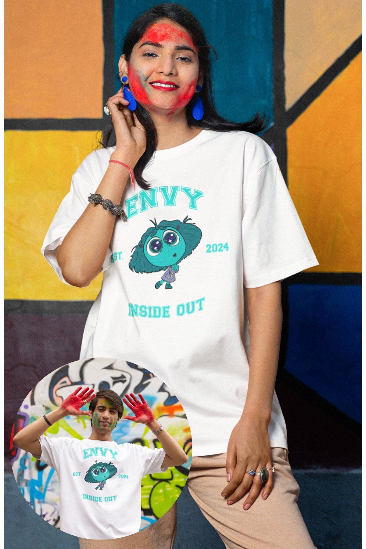 Fuddy Moda Unisex Insi.de Out Envy Baskılı T-shirt, Oversize Ters Yüz Animasyon Film Temalı Tişört