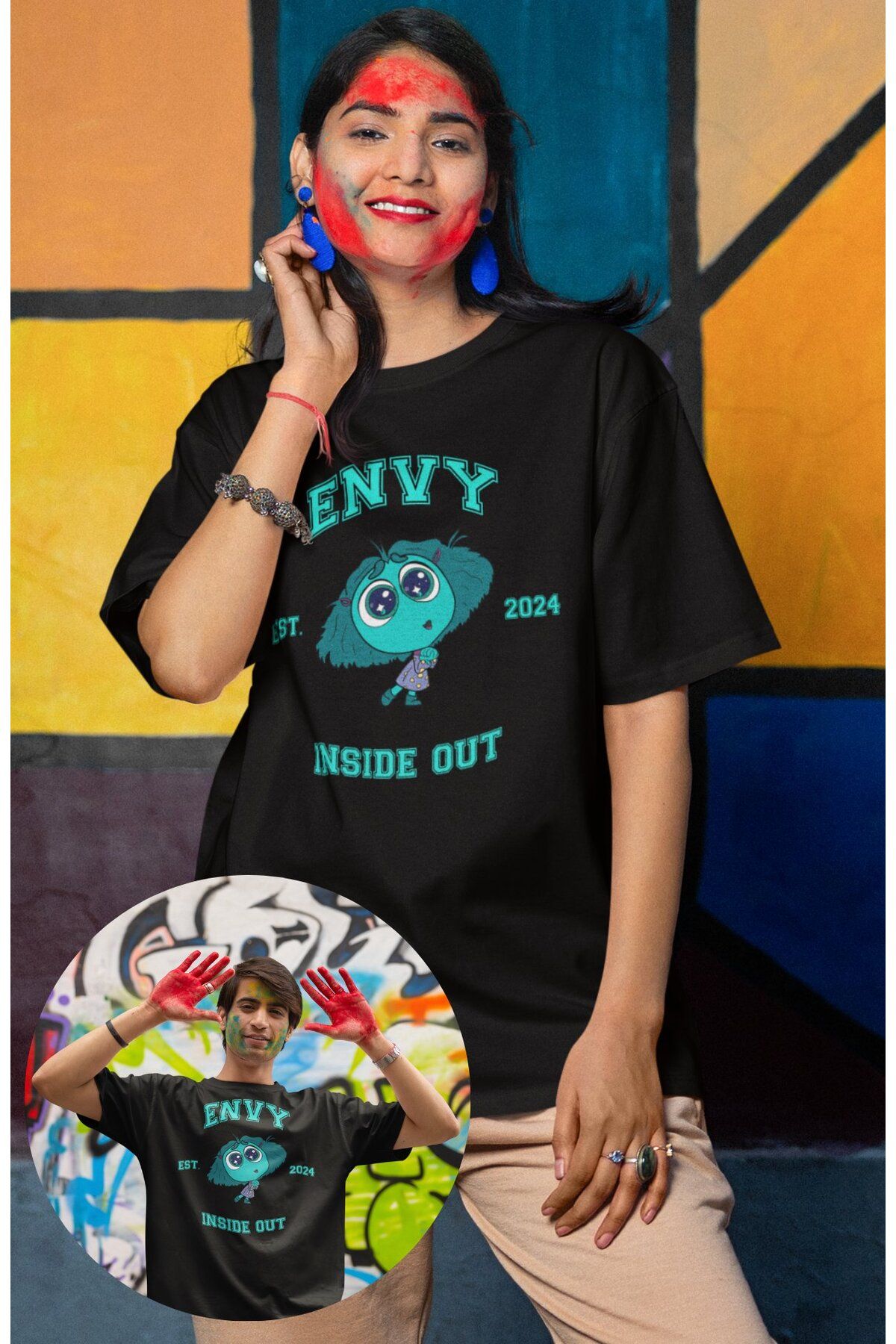 Fuddy Moda Unisex Insi.de Out Envy Baskılı T-shirt, Oversize Ters Yüz Animasyon Film Temalı Tişört