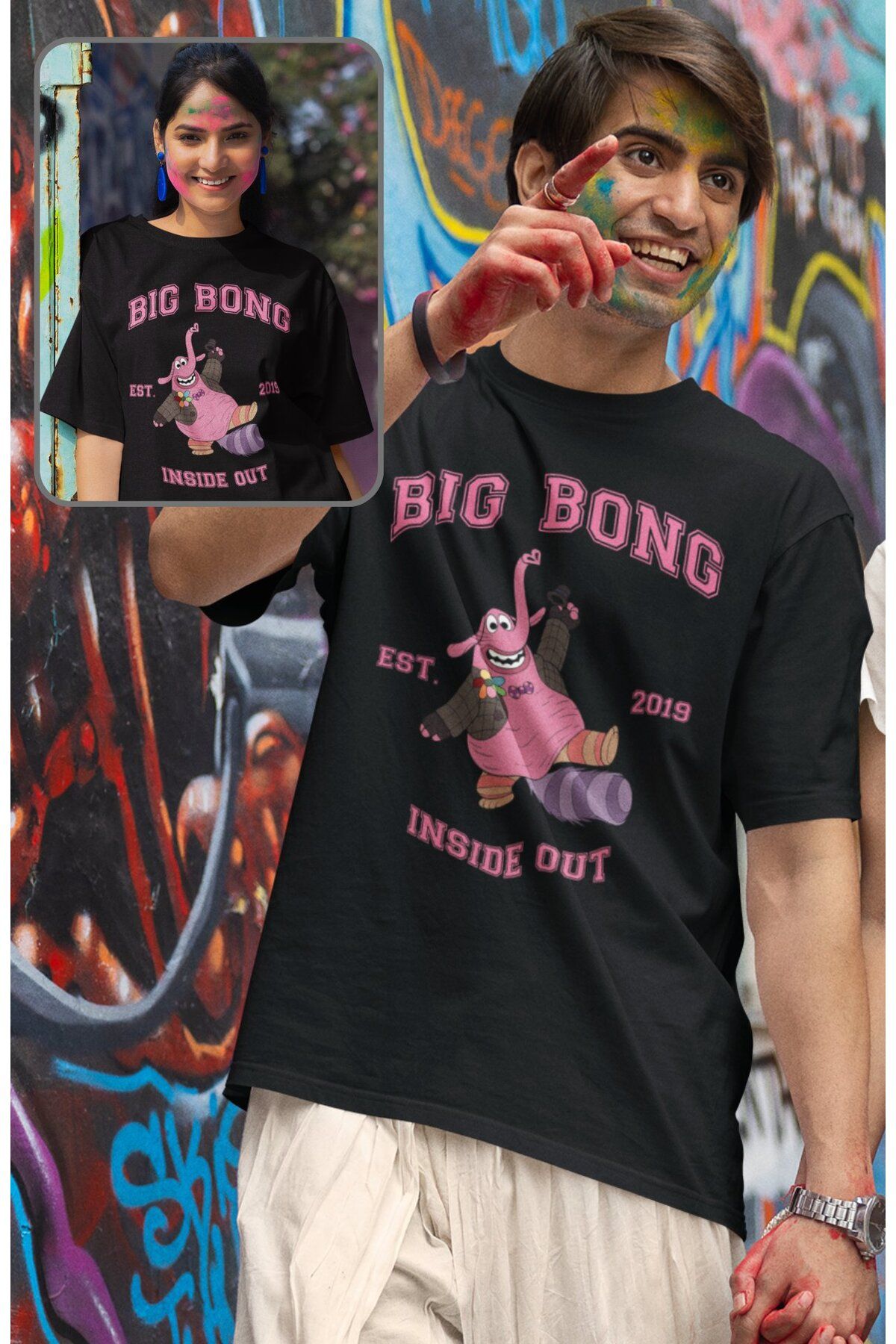 Fuddy Moda Unisex Insi.de Out Big Bong Baskılı T-shirt, Oversize Ters Yüz Animasyon Film Temalı Tişört
