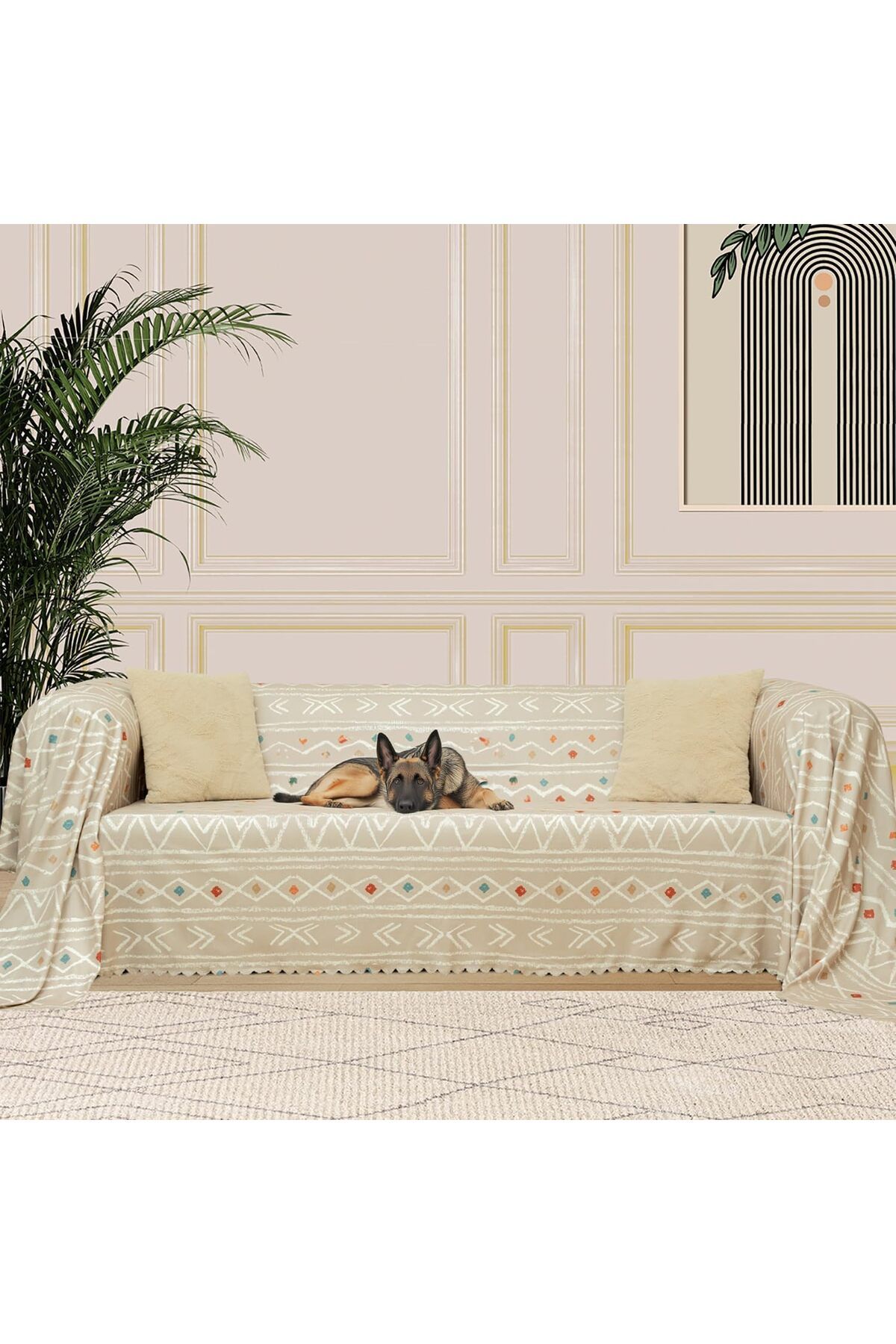 KDROĞLU KDROGLU CONCEPT SoftMicro Boho Etnik Desenli Mikrofiber Koltuk Örtüsü ve Şalı, Kaymaz Bej 180x300