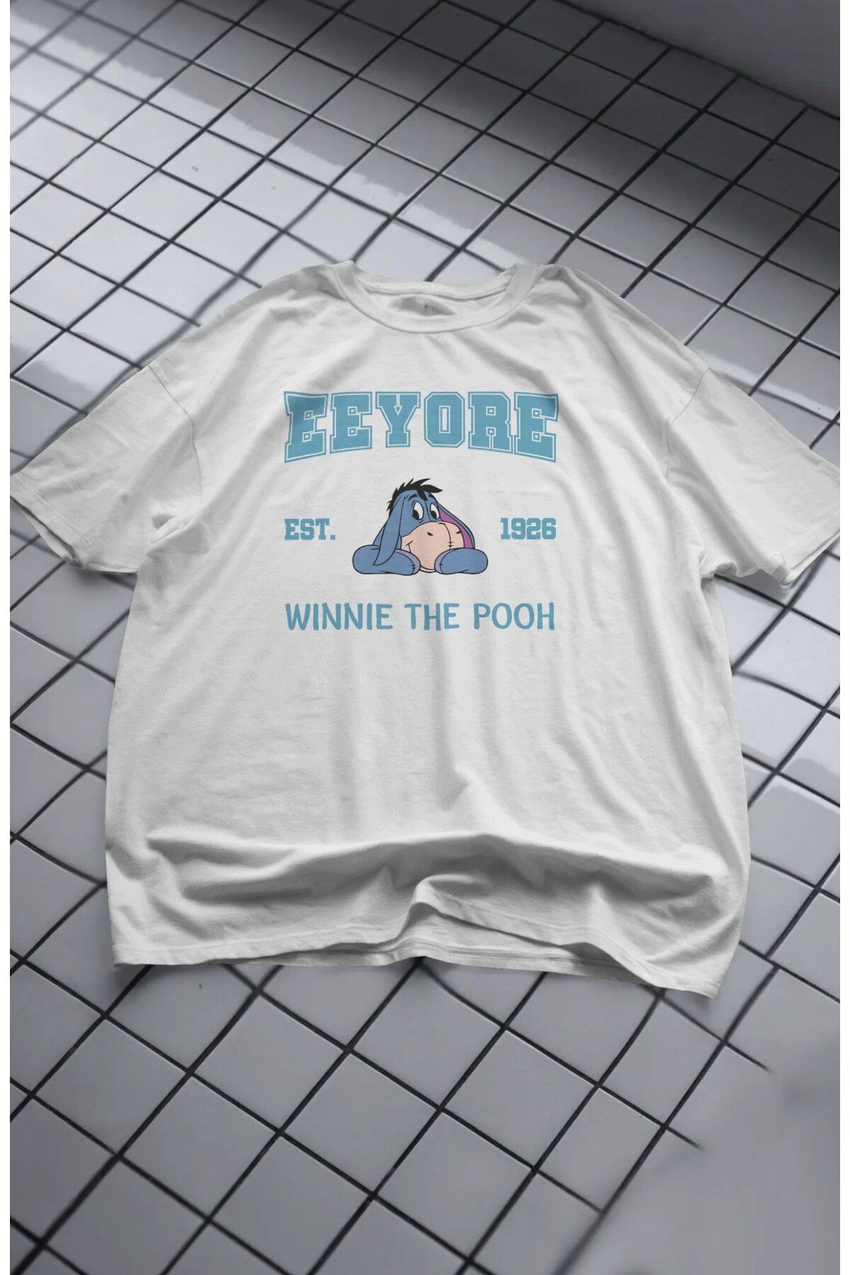 Fuddy Moda Unisex Eşek Eeyore Baskılı Tişört, Oversize Winnie The Pooh Çizgi Film Temalı T-Shirt