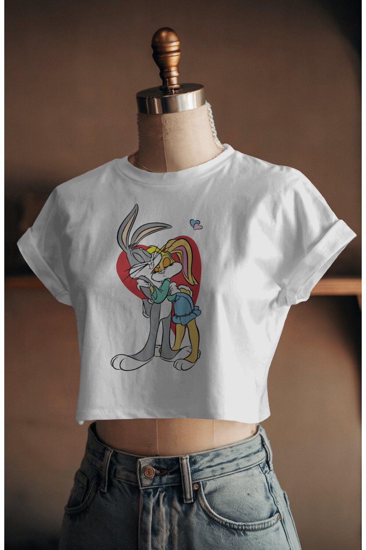 Fuddy Moda Kalpli Lola Bunny ve Bugs Bunny Baskılı Crop Top, Kadın Çizgi Film Temalı Crop Bluz