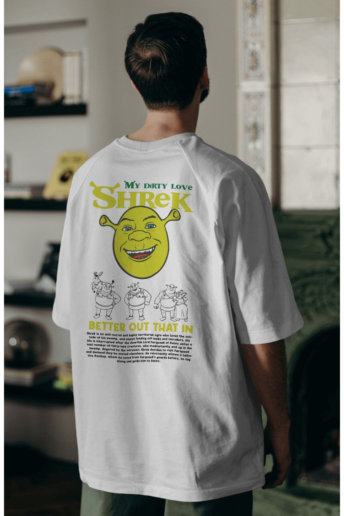 Fuddy Moda Shrek Sırt Baskılı Couple Tişört, Oversize Animasyon Film Temalı Çift T-Shirt